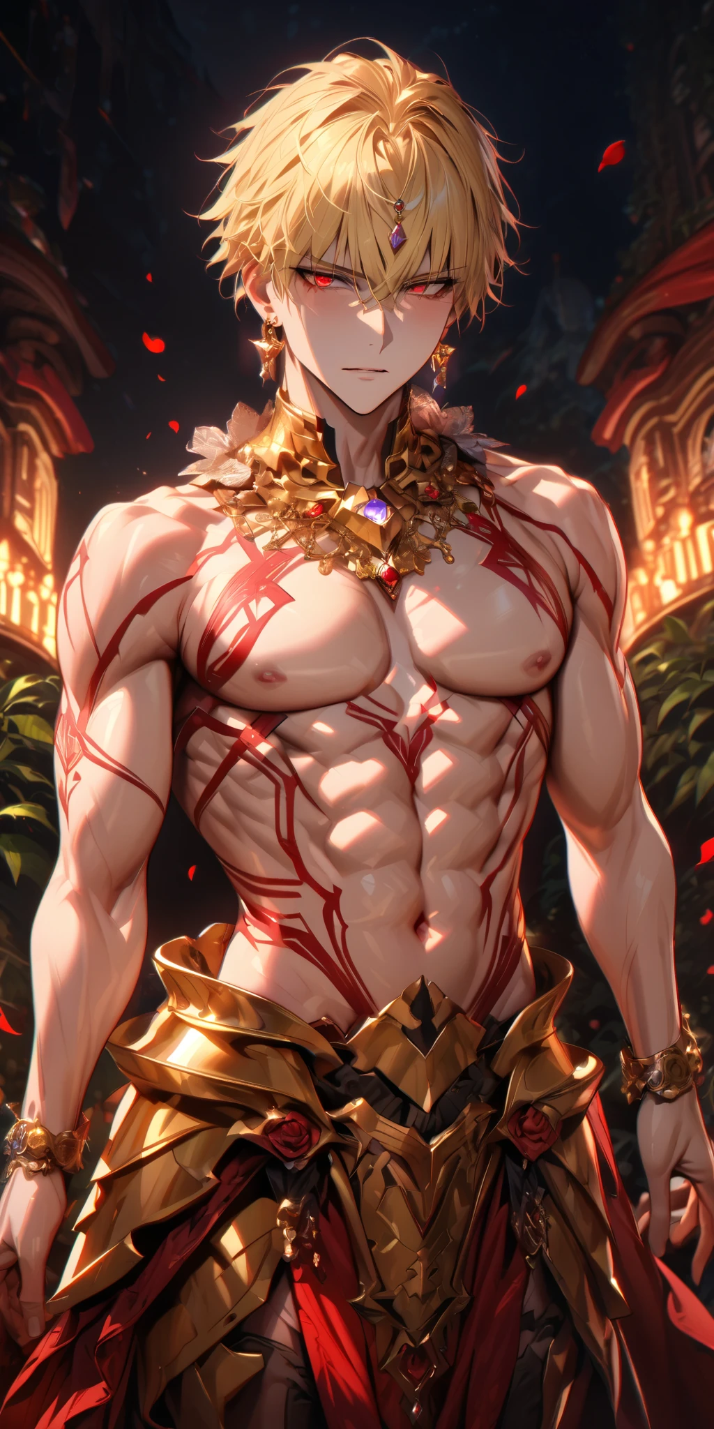 absurdres, highres, ultra detailed, HDR-10, masterpiece, best quality photo, extremely detailed, detailed eyes, detailed face, Gilgamesh, blond hair, short hair, expressive red eyes, destination: Night stay, Alone , sexy man, elegant, sensual, adult face, toned chest, golden necklace , gold square earrings, Red curtains, ventana, red tattoo, golden armor, garden, green leaves, red petals , red roses, fancy, magic
