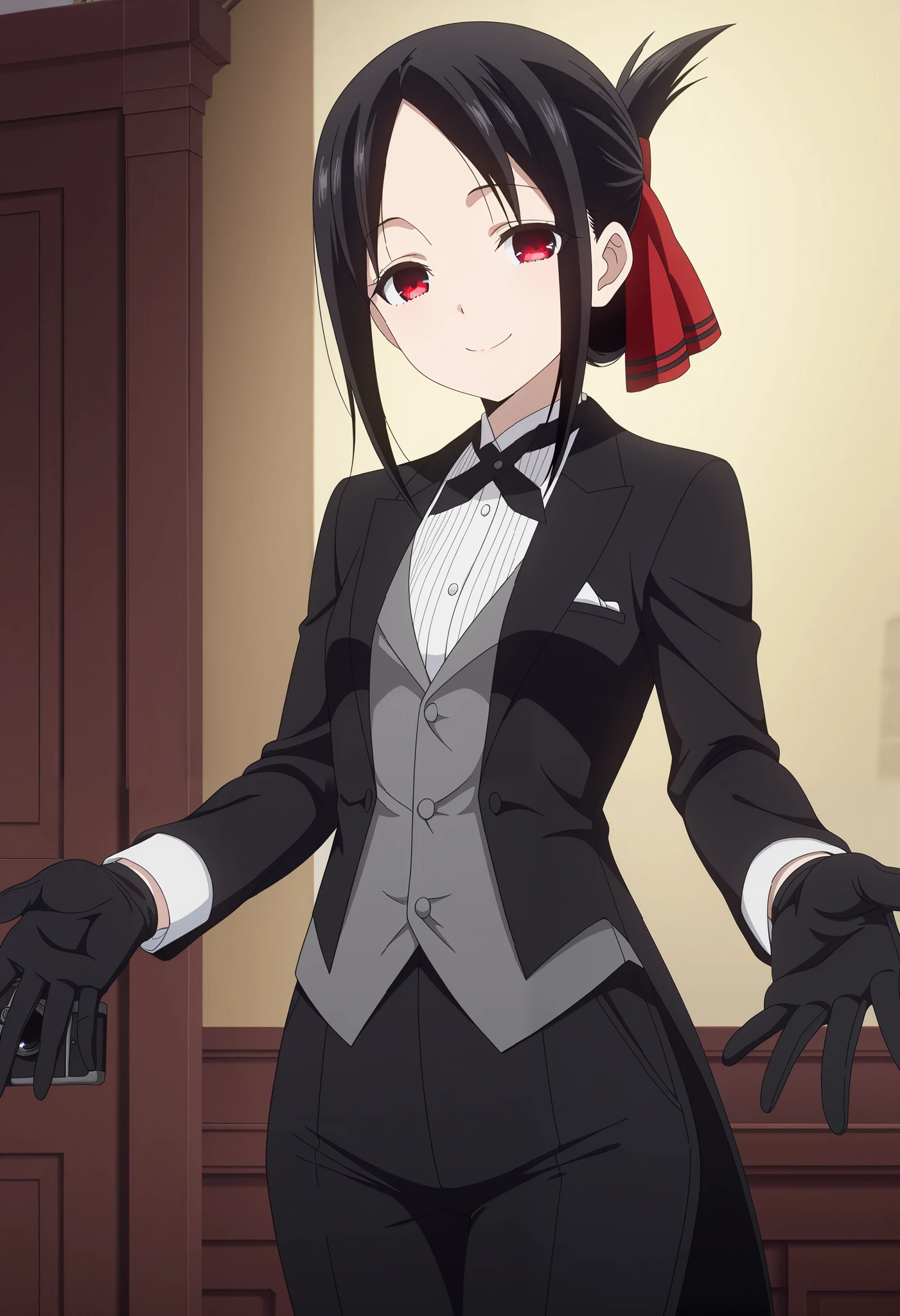 1girl, solo,masterpiece, best quality, amazing quality,, kaguya shinomiya, short hair, bangs, black hair, red eyes, hair ribbon, sidelocks, folded ponytail, parted bangs, mature female, small breasts, anime screencap, anime coloring, tuxedo tailcoat, butler, pants ,, woman in a formal suit,she's looking at the camera with a calm smile,,, indoors,smile,, gloves ,masterpiece,best quality,amazing quality, ,,reaching at viewer,,,,