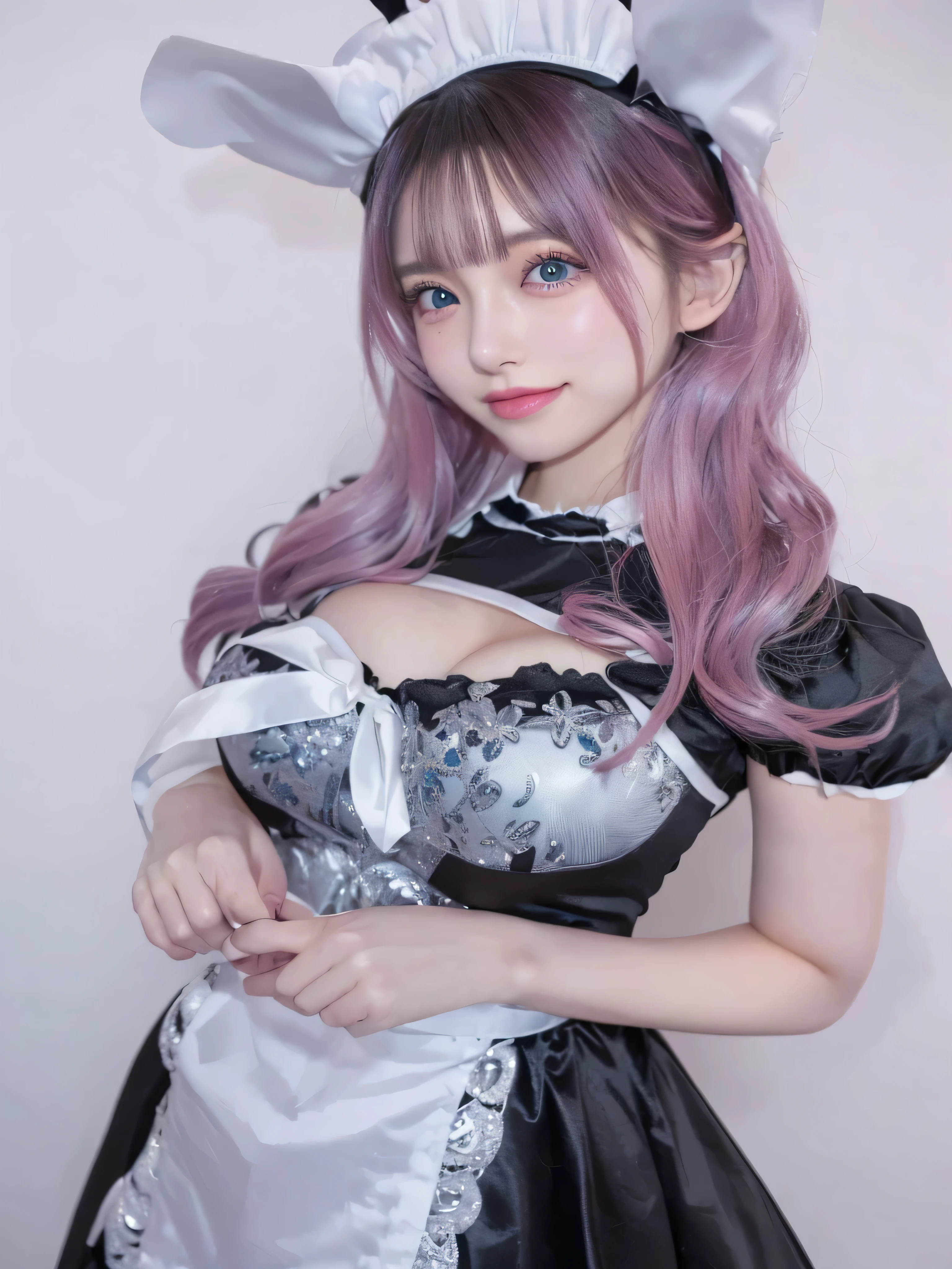 With bangs、women sexy、laughter、(big breasts)、(Gothic changeta,gothic lolita、ruffle dress, super mini skirt、knee high socks、headdress),、strapless、Sea side、((cleavage of the breast))、15 years old、detailed face and eyes、masterpiece、highest quality、gal、、sexy pose, Improve、put your chest between your arms、chest to chest、taut、high twin tail、leaning forward, ((cleavage, huge breasts)), Smile,cleavage,change, , red and pink costume, super shiny costume