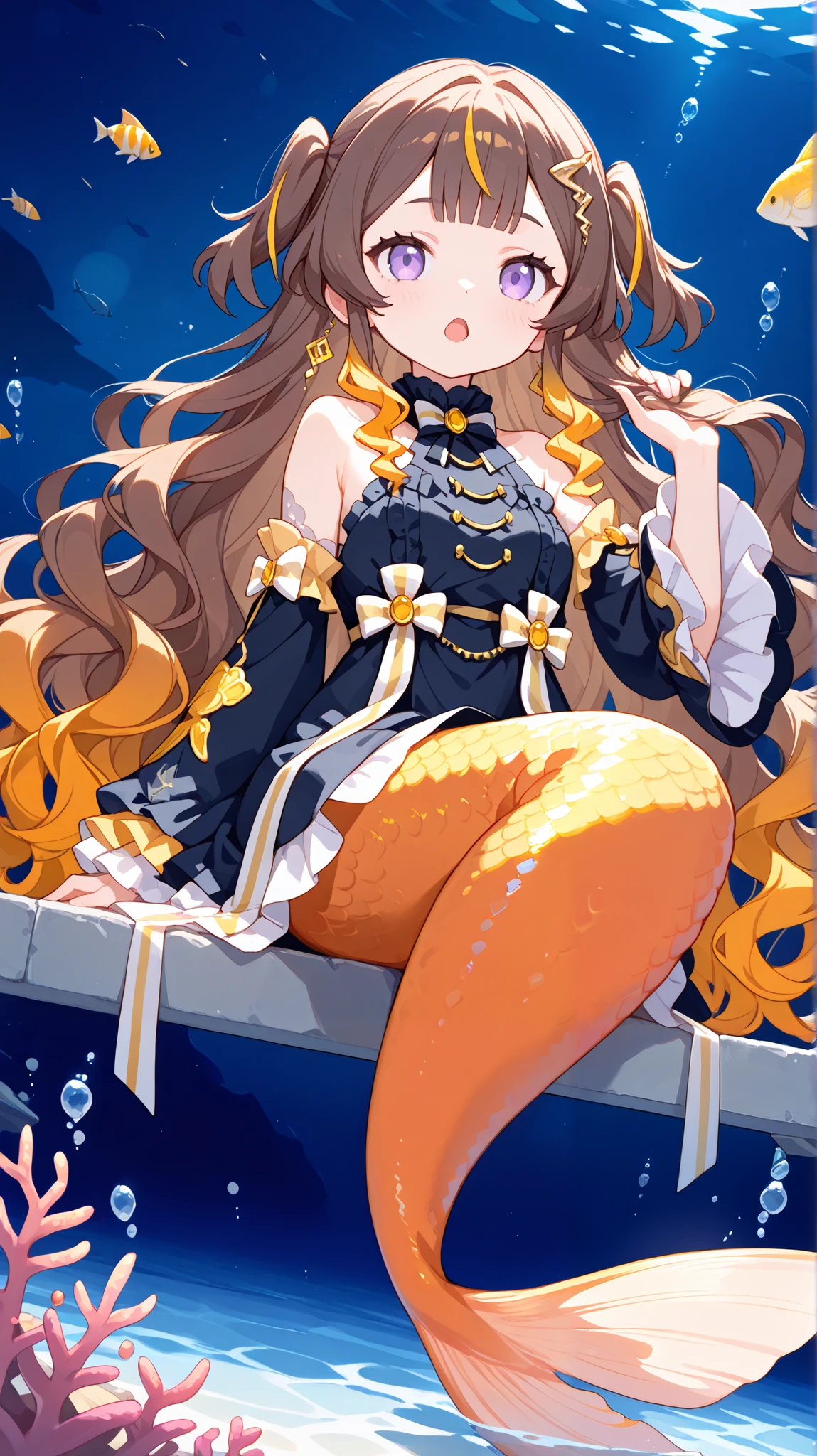 (anyamelfissa, 1girl, solo, long hair, bangs, blonde hair, brown hair, hair ornament, dress, bow, jewelry, very long hair, purple eyes, multicolored hair, detached sleeves, black dress, two side up, streaked hair, gradient hair, wavy hair), ((mermaid, light orange tail)), tiny, happy, cute, medium breasts, underwater, fish, submerged, sitting, combing own hair, open mouth, looking at viewer, singing, ocean, night, bokeh effects, dynamic pose, dynamic angle, hdr, low contrast, (pastel colors)
masterpiece, best quality, absurdres, masterpiece, highres, perfect anatomy, anime style, anime screenshot, 8k wallpaper, ultra high quality, (extremely detailed cg), perfect lighting, (sharp image), dynamic angle,