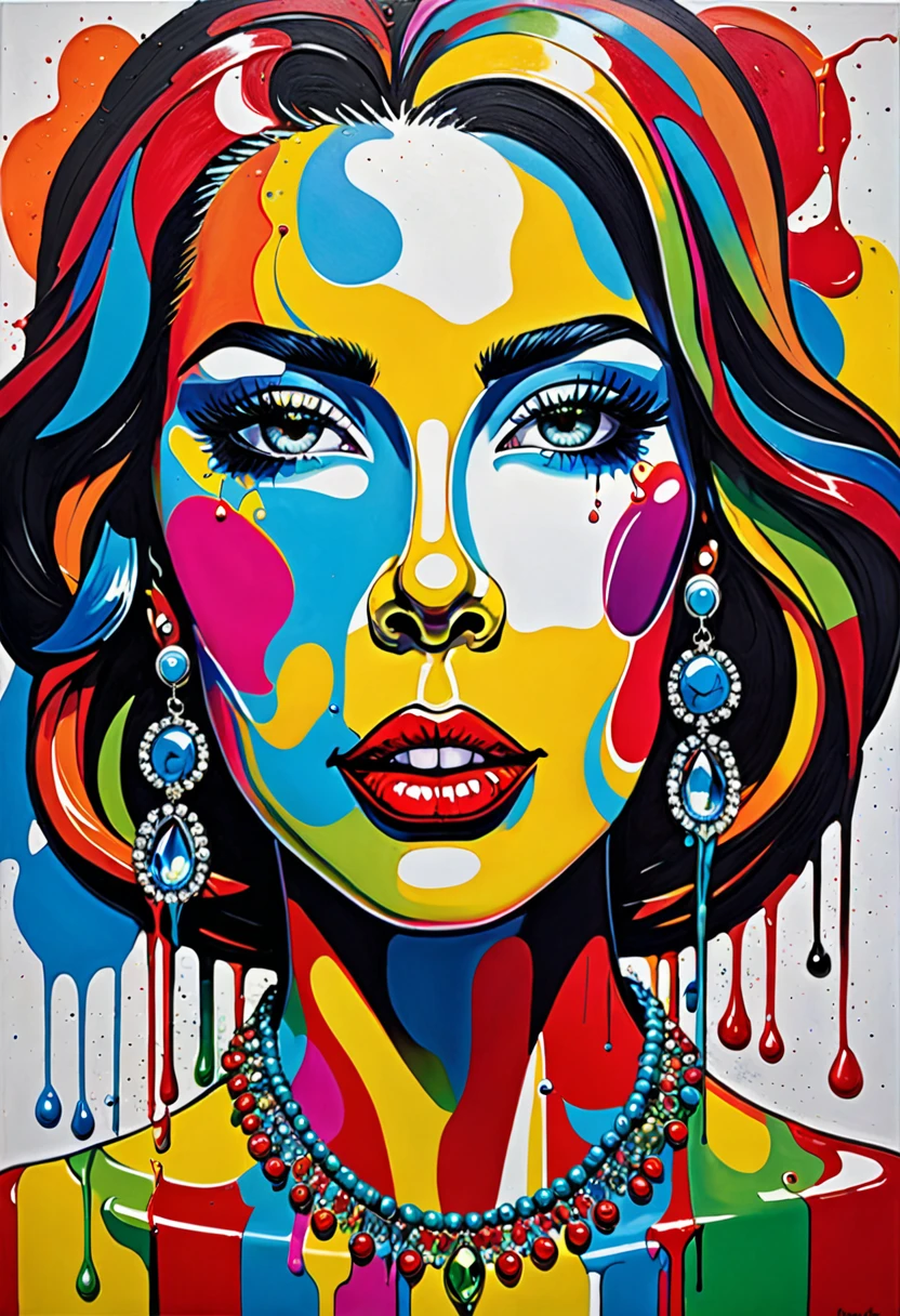 a painting of a woman with a colorful face and a necklace, a pop art painting by Benjamin Marra, cg society contest winner, toyism, pop art painting, dripping with color, acrylic on canvas, acrylic paint on canvas, colorful art, acrylic and spraypaint, colorfull painting, avant garde pop art, abstract portrait, abstract face, pop art masterpiece