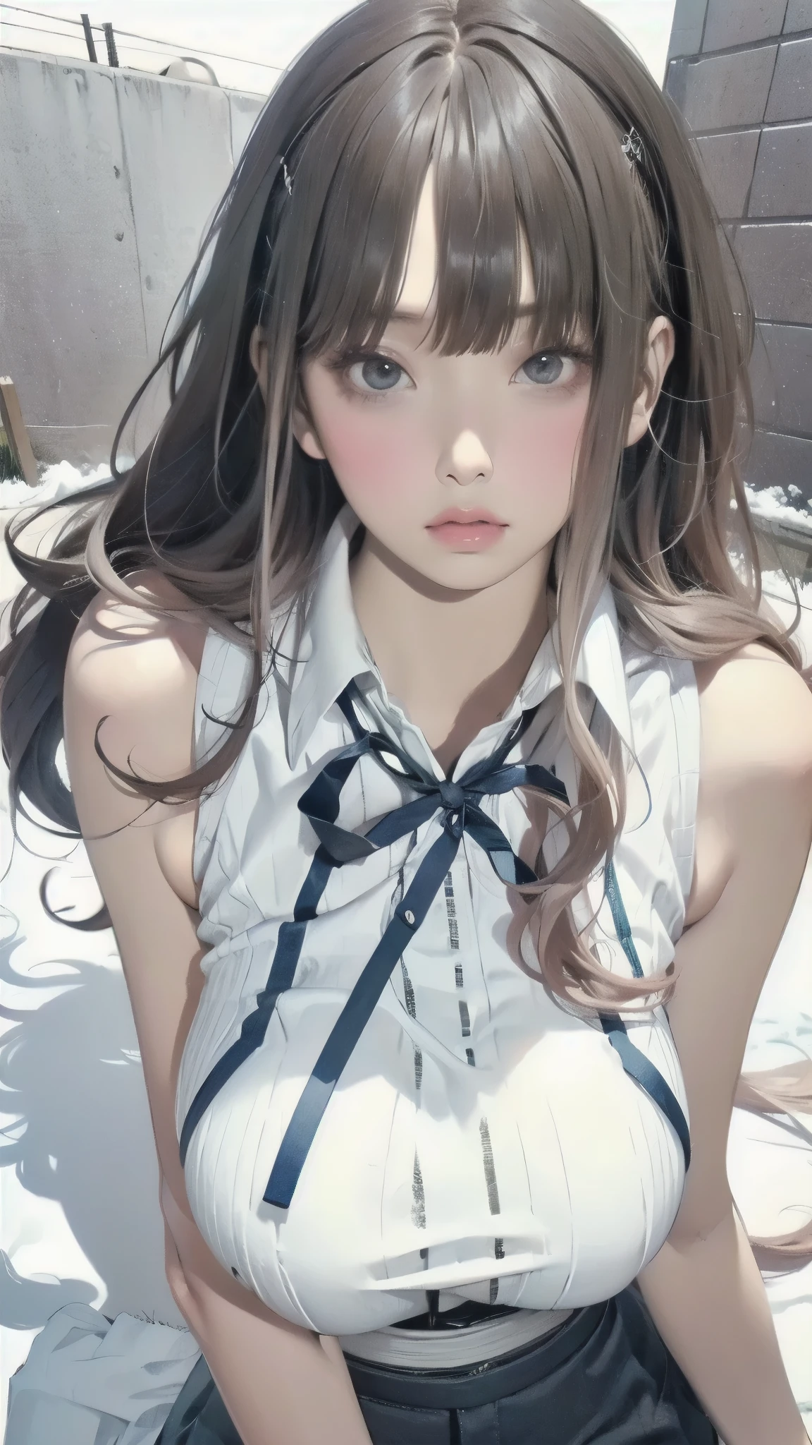 shot from above、Sleeveless white knitted anime girl posing on a snowy meadow, black hair、straight semi-long hair、full bangs、 anime drawing inspired by Miu Komatsu, cute girl anime visual, Hinata Hyuga, Bewitching Anime Girl, charming anime girl, Anime Best Girl , winter aesthetics , big breasts, beautiful anime girl, my chest is open、highlight breasts