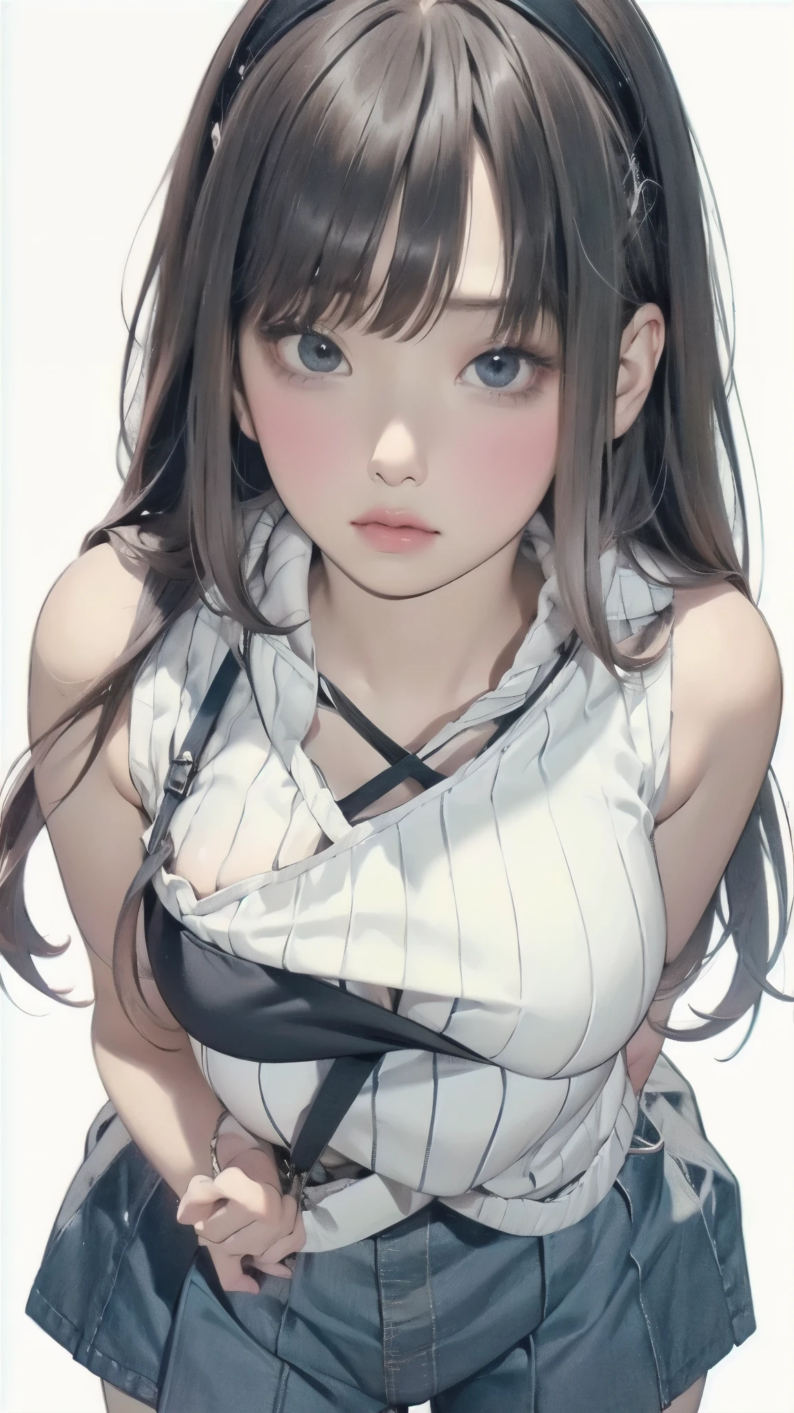 shot from above、Sleeveless white knitted anime girl posing on a snowy meadow, black hair、straight semi-long hair、full bangs、 anime drawing inspired by Miu Komatsu, cute girl anime visual, Hinata Hyuga, Bewitching Anime Girl, charming anime girl, Anime Best Girl , winter aesthetics , big breasts, beautiful anime girl, my chest is open、highlight breasts