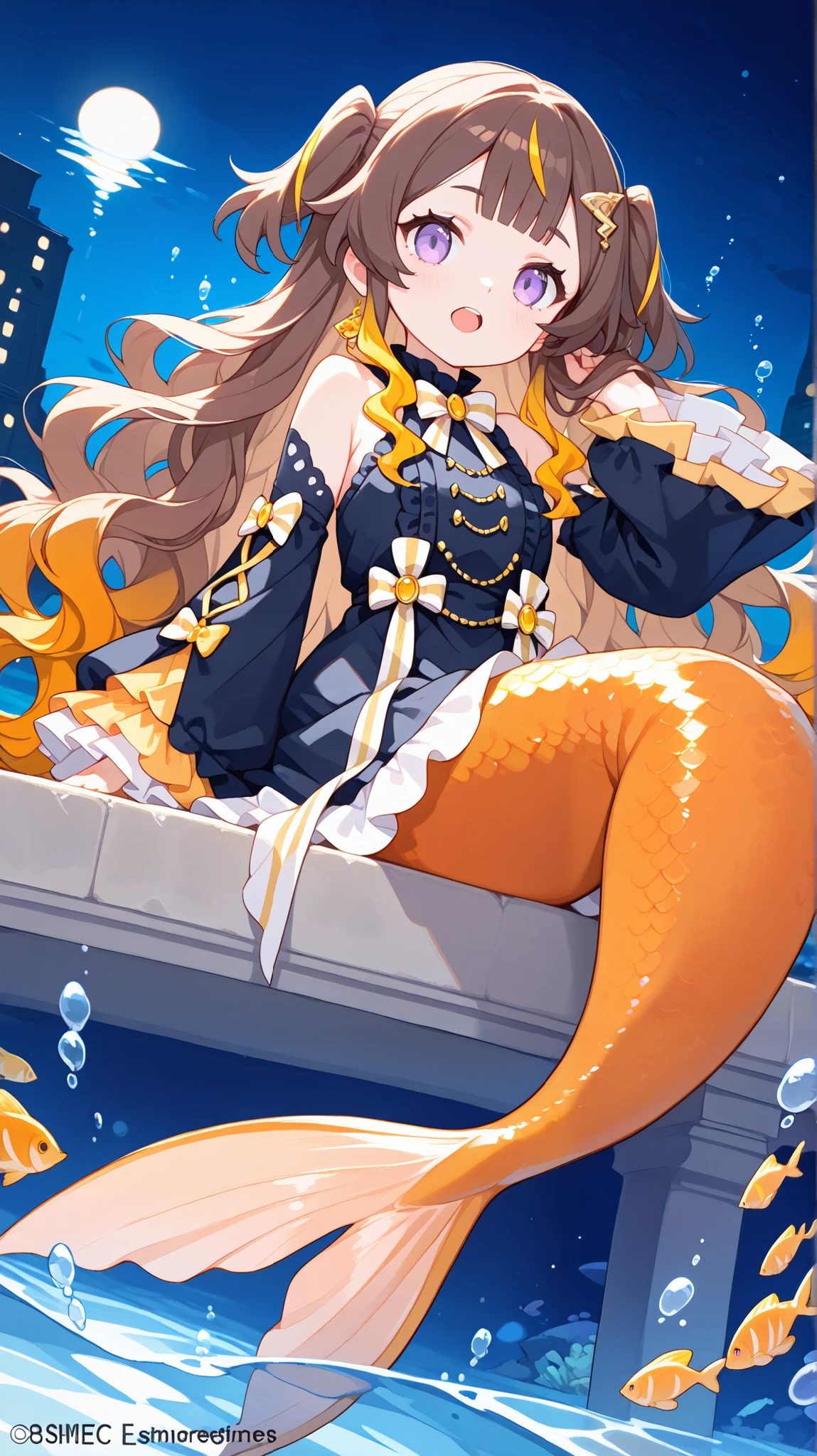 (anyamelfissa, 1girl, solo, long hair, bangs, blonde hair, brown hair, hair ornament, dress, bow, jewelry, very long hair, purple eyes, multicolored hair, detached sleeves, black dress, two side up, streaked hair, gradient hair, wavy hair), ((mermaid, light orange tail)), tiny, happy, cute, medium breasts, underwater, underwater city, fish, submerged, sitting, combing own hair, adjusting own hair, open mouth, looking at viewer, singing, ocean, night, bokeh effects, dynamic pose, dynamic angle, hdr, low contrast, (pastel colors)
masterpiece, best quality, absurdres, masterpiece, highres, perfect anatomy, anime style, anime screenshot, 8k wallpaper, ultra high quality, (extremely detailed cg), perfect lighting, (sharp image), dynamic angle,