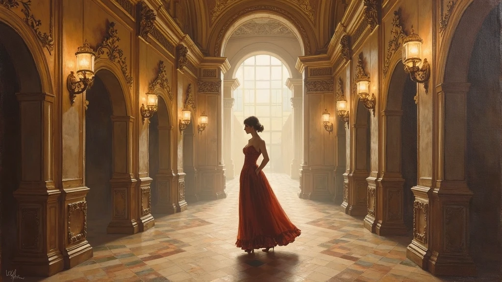 1girl in the top of the stairs , in the style of tokina opera 50mm f/1.4 ff, evgeny lushpin, light red and dark amber, carving, academic classicism, uhd image, classical architectural details, best quality, masterpiece, highres, absurdres, incredibly absurdres, huge filesize, wallpaper, colorful,8K,RAW photo