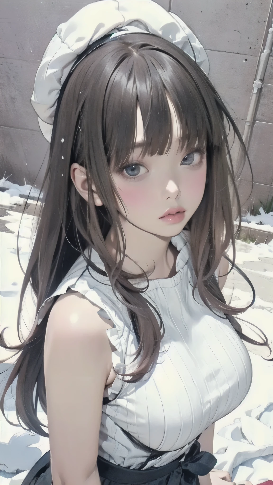shot from above、Sleeveless white knitted anime girl posing on a snowy meadow, black hair、straight semi-long hair、full bangs、 anime drawing inspired by Miu Komatsu, cute girl anime visual, Hinata Hyuga, Bewitching Anime Girl, charming anime girl, Anime Best Girl , winter aesthetics , big breasts, beautiful anime girl, my chest is open、highlight breasts、anatomically correct、