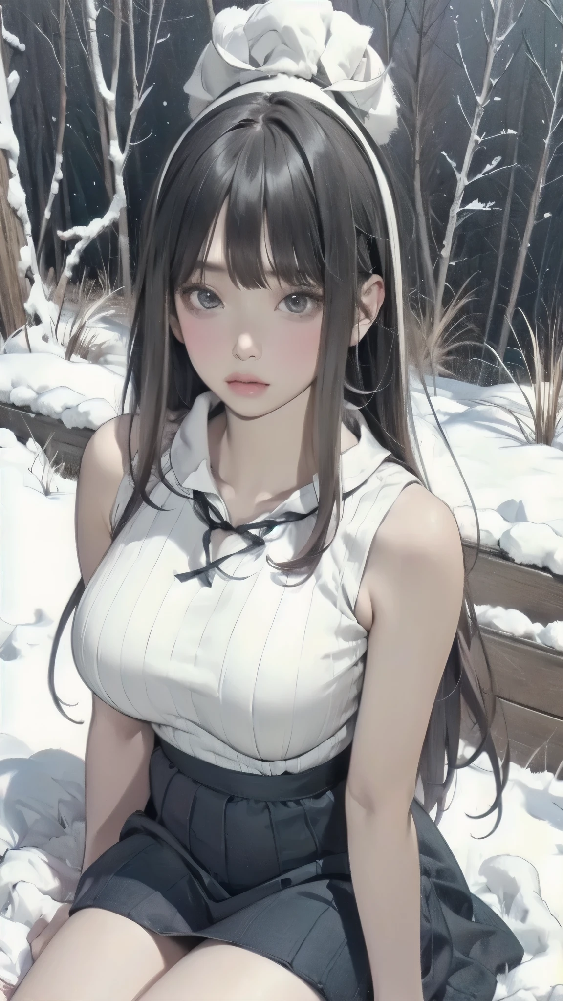 shot from above、Sleeveless white knitted anime girl posing on a snowy meadow, black hair、straight semi-long hair、full bangs、 anime drawing inspired by Miu Komatsu, cute girl anime visual, Hinata Hyuga, Bewitching Anime Girl, charming anime girl, Anime Best Girl , winter aesthetics , big breasts, beautiful anime girl, my chest is open、highlight breasts、anatomically correct、