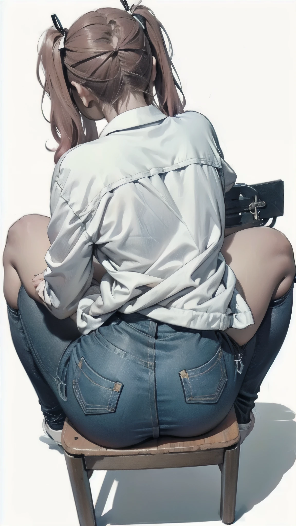 taken from below、here is a woman、いすに腰かけてている girl、simple white background, Girl sitting on a chair, long shot from behind , Bent knees, Shapely butt, long shot from behind, Tight back view , from above prison, leg and thigh shots、tight DIOR clothes, Gold、Twin Tails、 girl、anatomically correct、