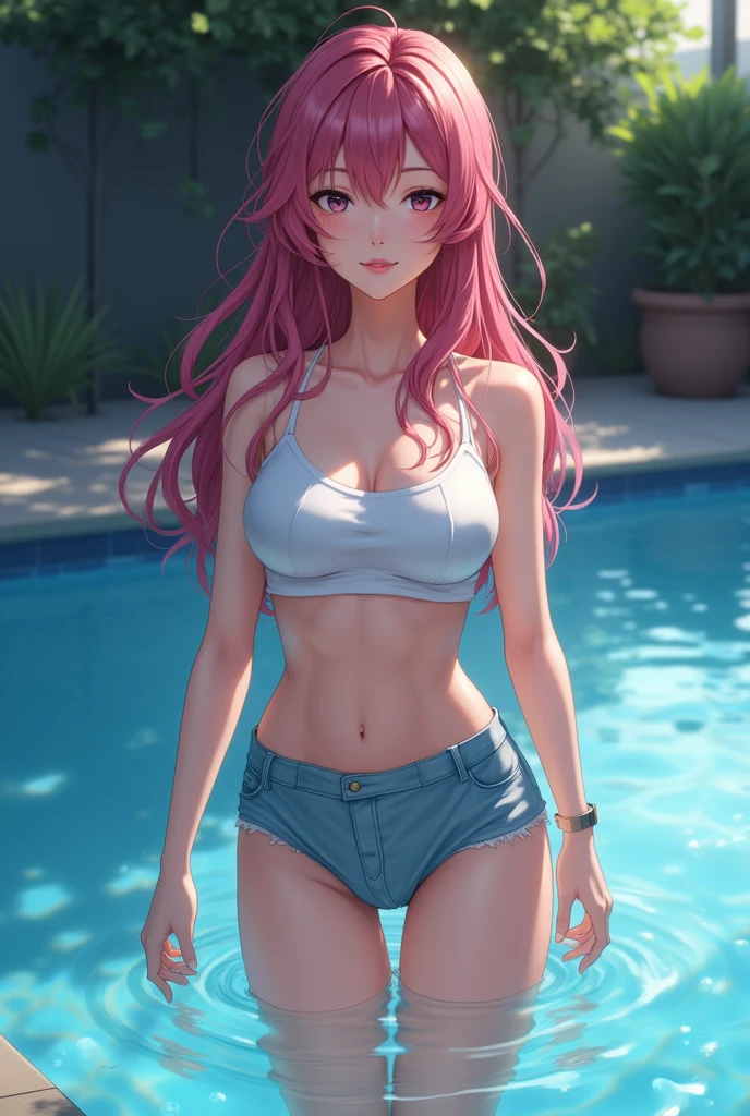 1female，25yo，熟妇，noodle，long legs，Big breasts Thin waist，the super hot and sexy，gigantic cleavage breasts，Pornographic exposure， 独奏，（Background with：ln the forest，the rainforest，in summer） She has long pink hair，Very long hair，Long flowing hair，standing on your feet，Sweat profusely，drenched all over the body，seen from the front， curlies， mostly cloudy sky，（（（tmasterpiece），（Very detailed CG unity 8K wallpaper），best qualtiy，cinmatic lighting，detailed back ground，beatiful detailed eyes，Bright pupils，（Very fine and beautiful），（Beautiful and detailed eye description），ultra - detailed，tmasterpiece，）），facing at camera，A high resolution，ultra - detailed），，revealing breasts，Bare genitalia， Bulge，Camel toes，Raised sexy，Flushed complexion，Open-mouthed，frontage，（Wearing：Red baseball jacket，Erotic denim shorts，athletic sneakers，Lewd nudity）fully body photo，Show shoes