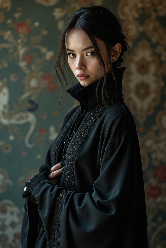 official art, Unity 8k Wallpaper, Super Detailed, masterpiece, best-quality,(((Eye details)))
dark, atmospheric, mystical, romantic, Scary, literature, art, fashion, Ming and Qing dynasties, decoration, intricate, determined eyes, embroidery, Black eye contour, Emotional depth, supernatural, All black ninja costume, 1 girl, only, collar, chest element