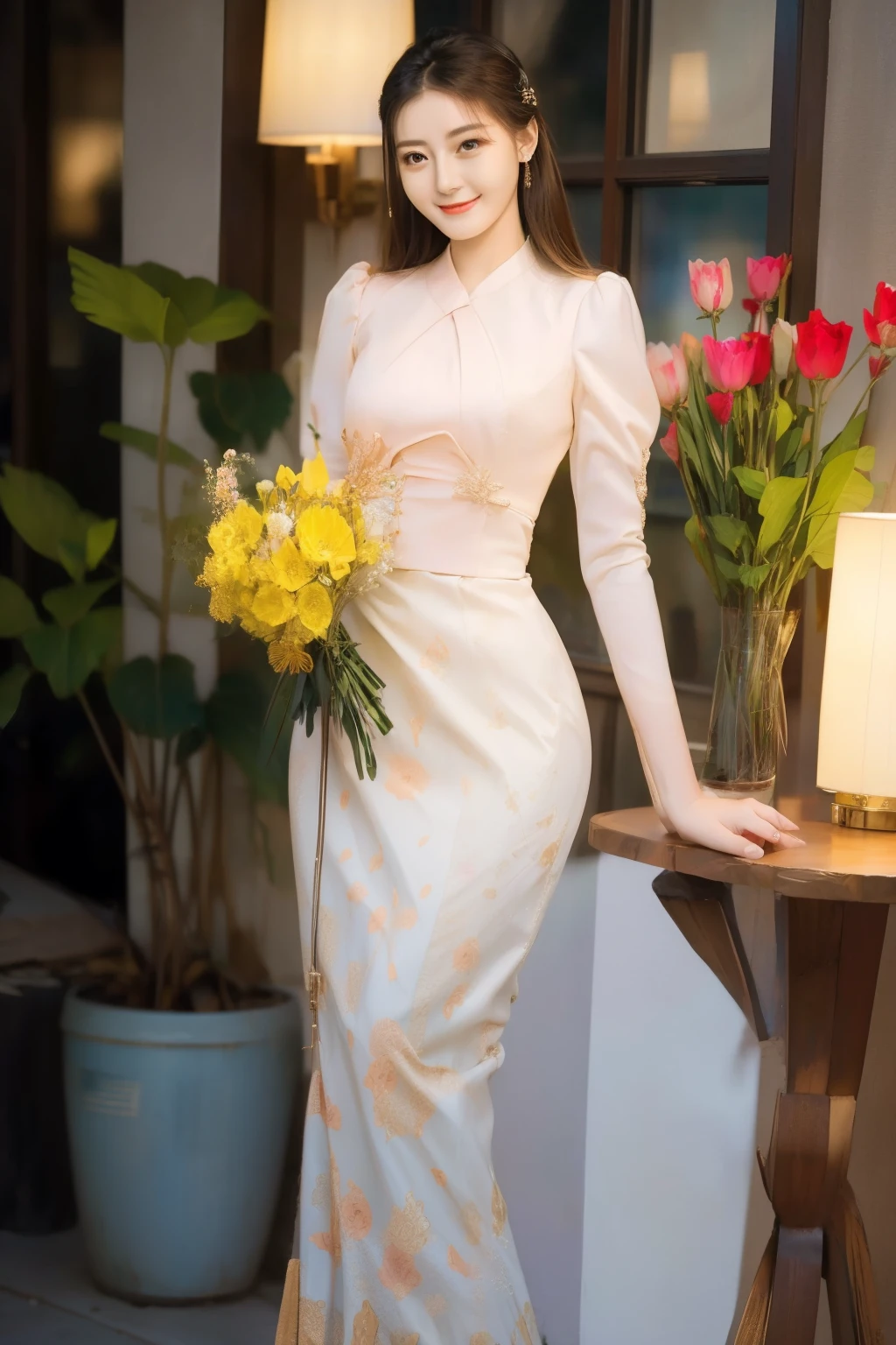 Master piace, high detail, full HD, beautiful, woman, 30 years, vibrant, colorful dress, positivity, grace, flowing, figure, lively, cheerful, fashion, make-up