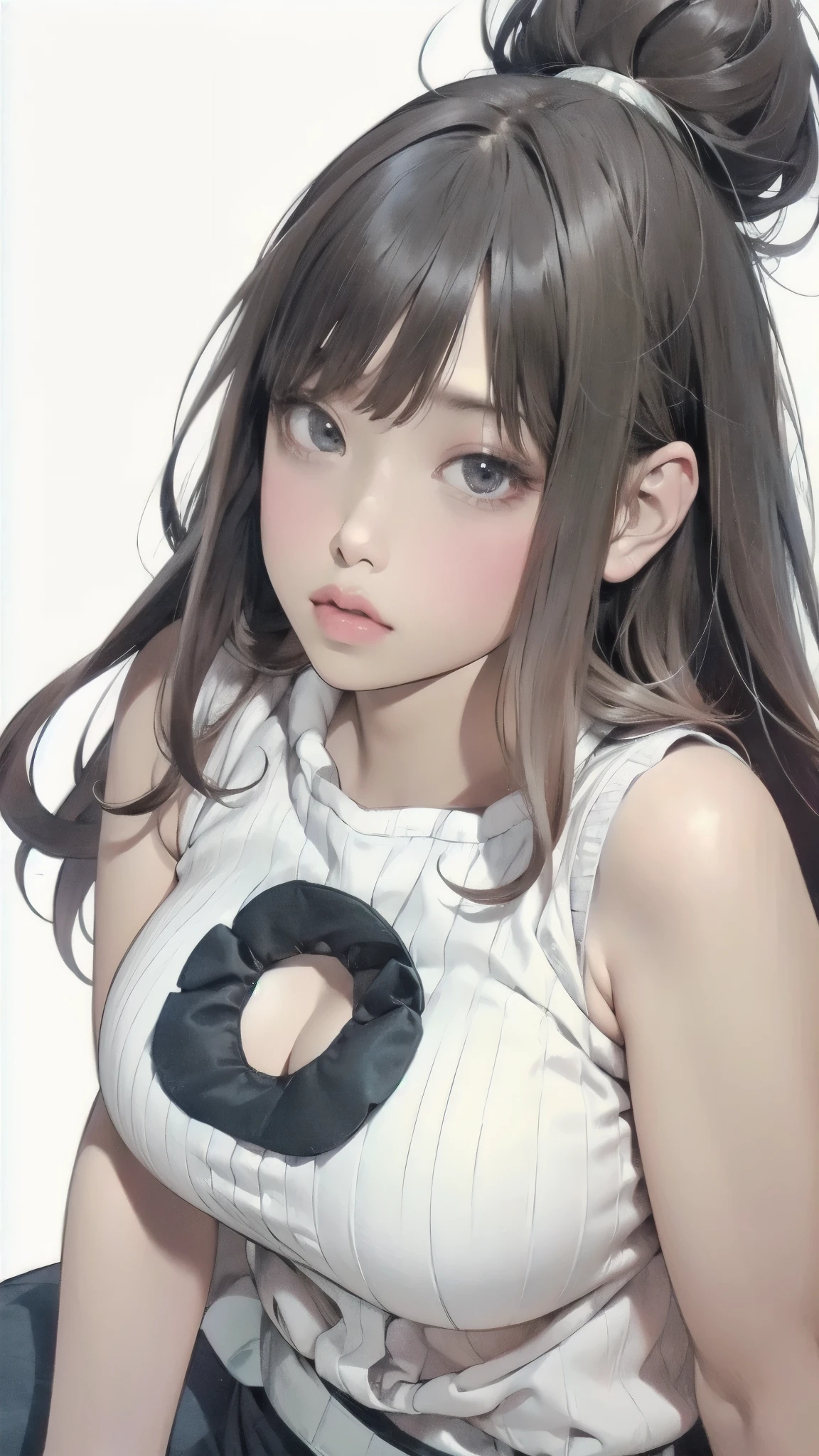 taken from below、Sleeveless white knitted anime girl posing on a snowy meadow, black hair、straight semi-long hair、full bangs、 anime drawing inspired by Miu Komatsu, cute girl anime visual, Hinata Hyuga, Bewitching Anime Girl, charming anime girl, Anime Best Girl , winter aesthetics ,Plump body、 big breasts, beautiful anime girl, my chest is open、highlight breasts、anatomically correct、