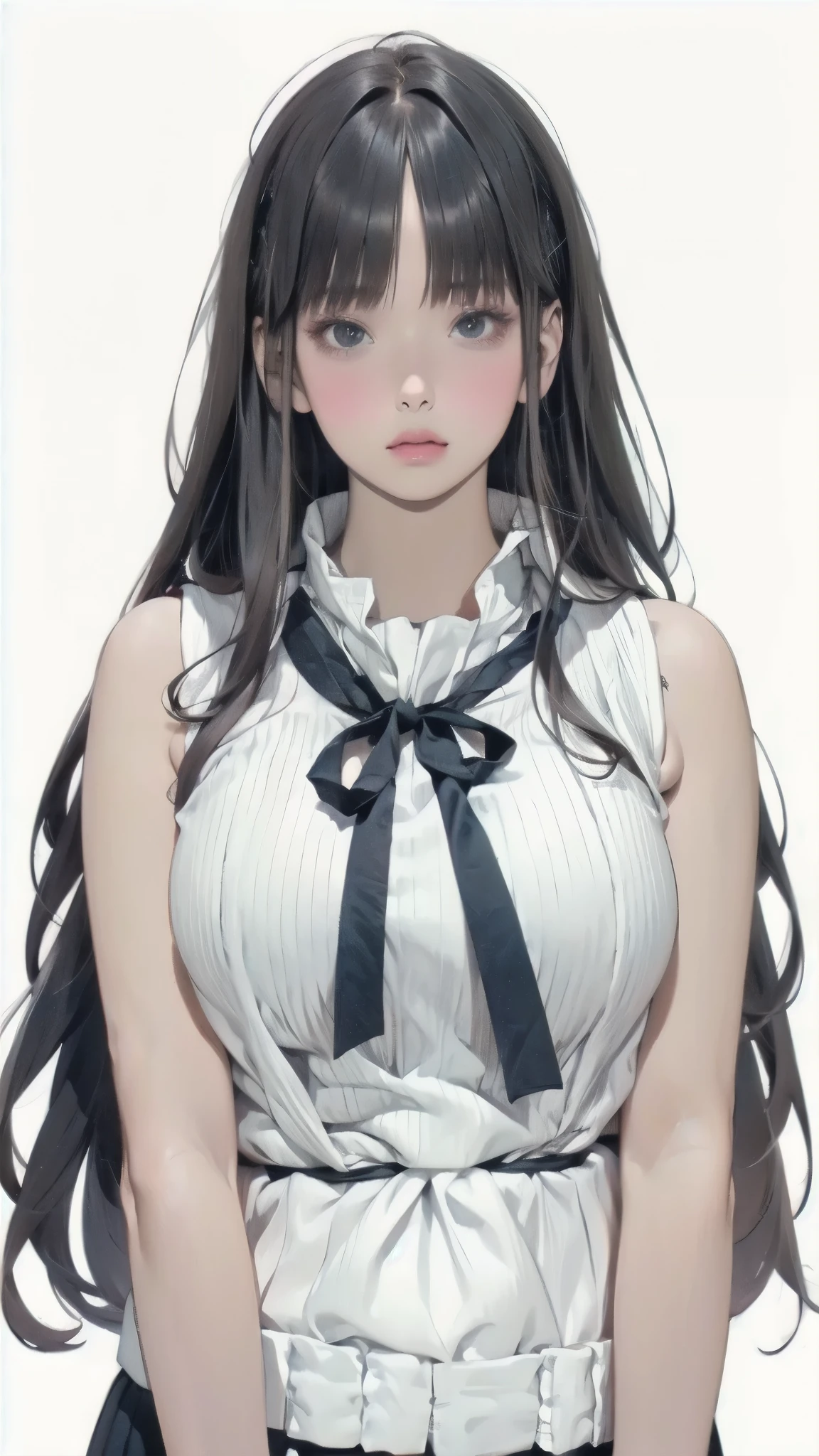 taken from below、Sleeveless white knitted anime girl posing on a snowy meadow, black hair、straight semi-long hair、full bangs、 anime drawing inspired by Miu Komatsu, cute girl anime visual, Hinata Hyuga, Bewitching Anime Girl, charming anime girl, Anime Best Girl , winter aesthetics ,Plump body、 big breasts, beautiful anime girl, my chest is open、highlight breasts、anatomically correct、