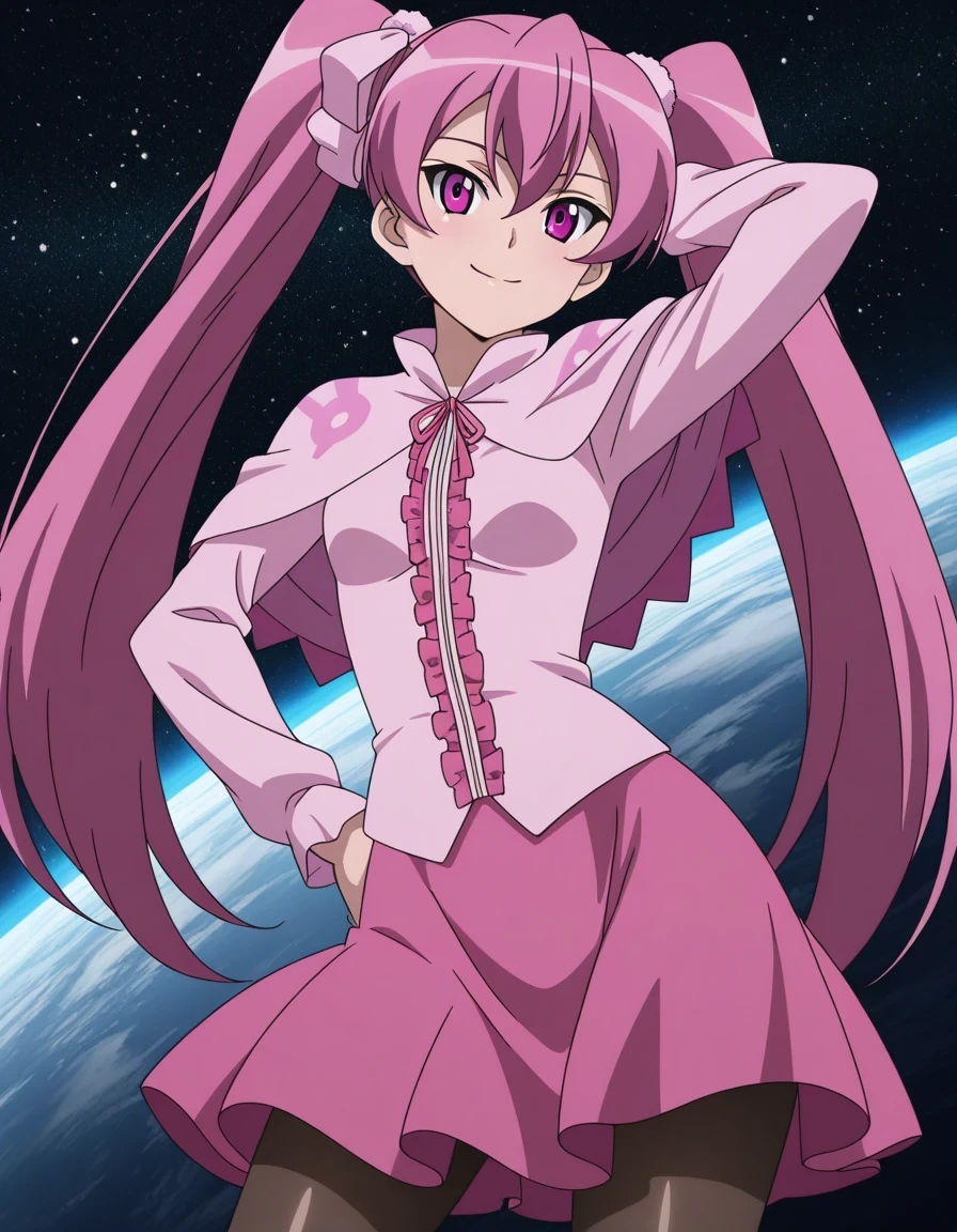 mine, long hair, twintails, pink hair, pink eyes, small breasts, mature female, anime screencap, dress, pantyhose, pink dress, capelet, pink capelet, pink skirt, skirt, long sleeves, shiny skin, solo, space, hand behind head, hand on hip, ((contrapposto)), closed mouth, cowboy shot, posing, looking at viewer, smile, best quality,