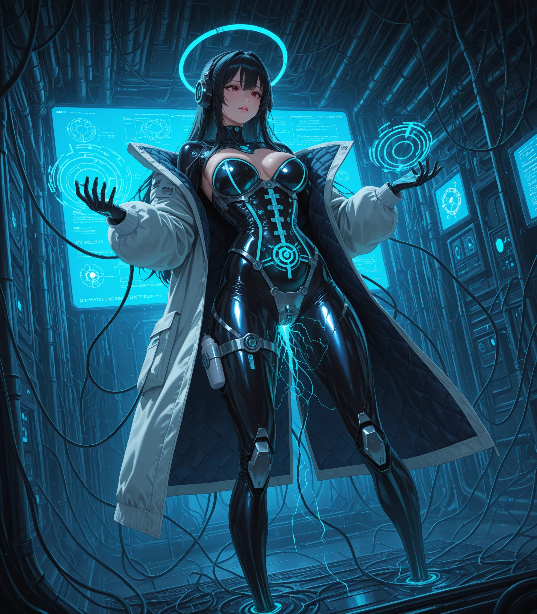 (A visually stunning, intricately designed robotic woman:1.4), (her form a harmonious blend of advanced mechanics and artistry, featuring a polished metallic finish with elegant, fluid lines), (captivating, lifelike features gently illuminated by internal light sources, creating a mesmerizing, ethereal appearance) (with extremely long flowing Raven Black hair, wires showing, wearing Polka dot mini dress with a cardigan:1.2), (escape from a labyrinthine bunker as it fills with toxic gas:1.3) UHD, 4k, cinematic, highly detailed face, (<lora:UltraBlackhole_Tech_XL:1.0> ulblackholetech, excessive energy, scifi:1.3), (action packed:1.3)