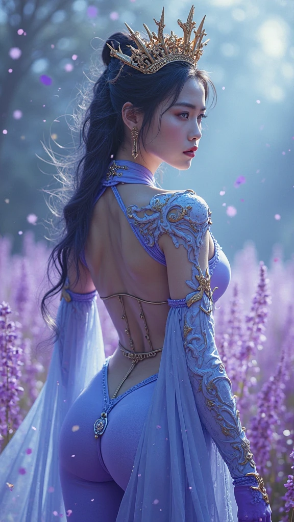 (Masterpiece, top quality, best quality, official art, Beauty and aesthetics: 1.2), (1 girl: 1.3), very detailed, (fractal art: 1.2), colorful, highest detail, (zentangle: 1.2), (dynamic pose), (abstract background: 1.5), (three-layer dress: 1.2), (shiny skin), (multiple colors: 1.4), upper body, transparent gauze, bare shoulders, blooming flower field, glowing skin, light smile, sexy, bust, naked, from below, butt up waiting up