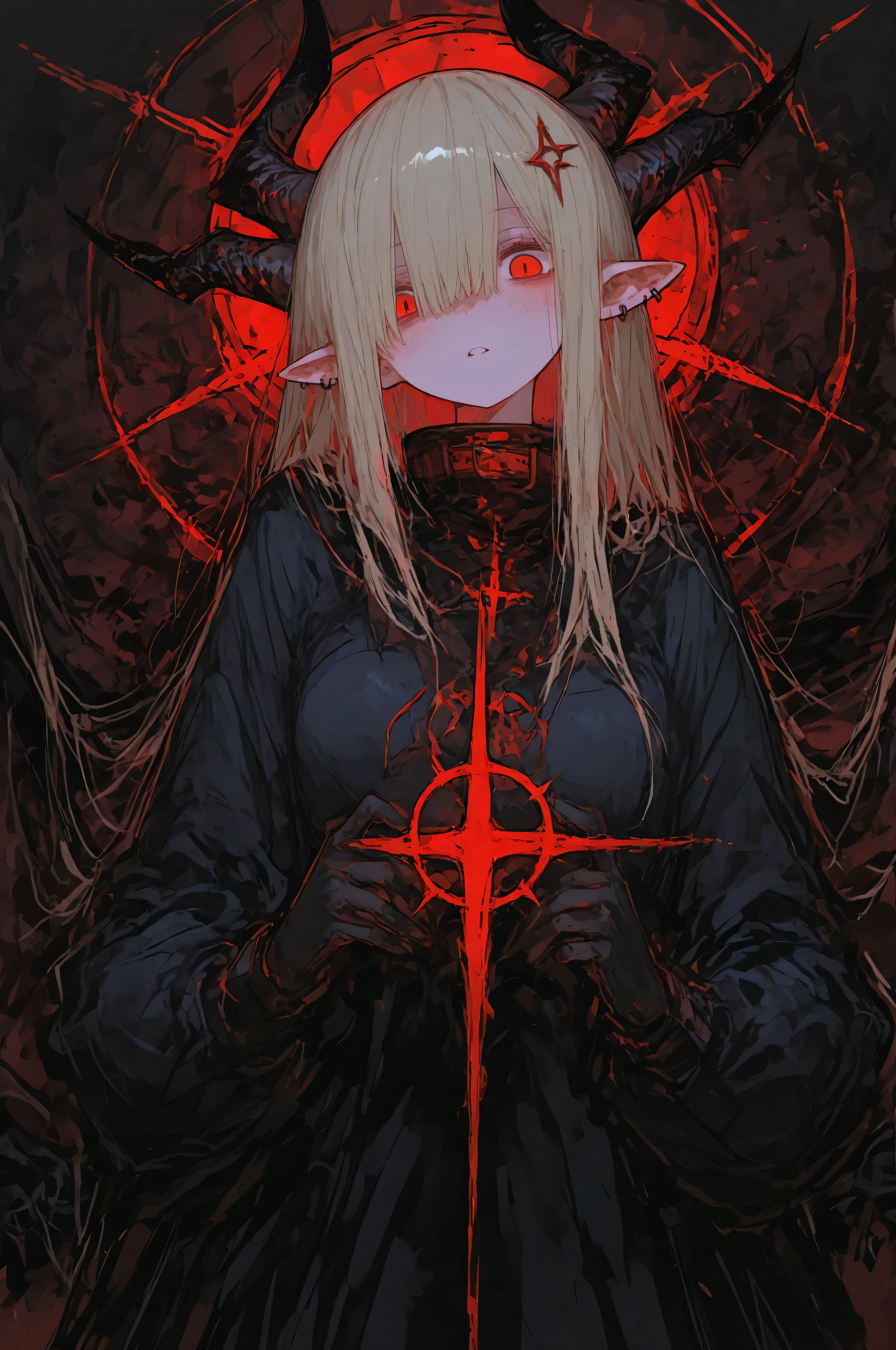 (masterpiece, Highest quality;1.3),(Movie Posters:1.2), 1 person, Beautiful blonde woman、Tied to a cross as a sacrifice, Eyes wide open, expression of fear、The Devil Descends, Candlelight, Long Shadow, Dark ritual room,Symmetrical Configuration, Super detailed、8K