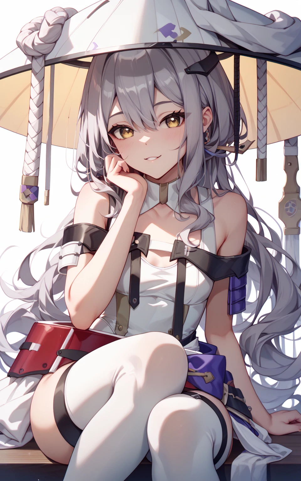 score_9, score_8_up, score_7_up, source_anime, BREAK 1girl, solo, <lora:scarlet-nikke-richy-v1_pdxl:1> scrltdef, yellow eyes, long hair, grey hair, hair ornament, hat, hat ornament, chest strap, white leotard, cleavage, bare shoulders, single shoulder pad, hip armor, looking at viewer, smile, parted lips, standing, adjusting hair, breasts, outdoors, field, blue sky