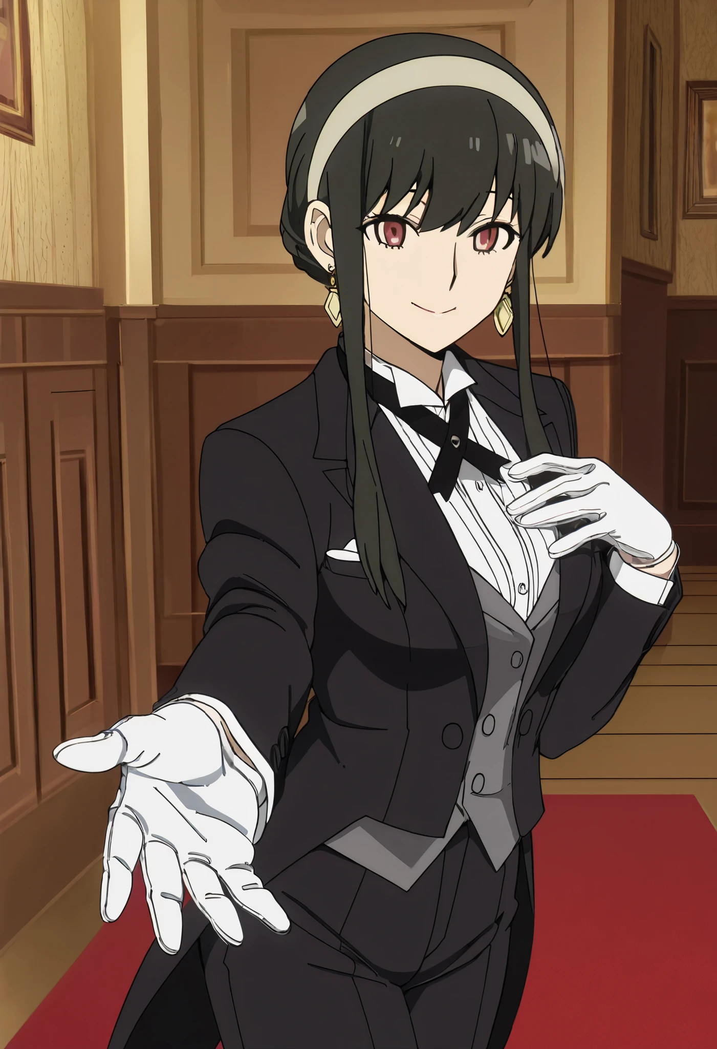 yor forger,1girl,solo,mature,hairband,earrings,jewelry, sidelocks, breasts,anime coloring, tuxedo tailcoat, butler, pants ,, woman in a formal suit,she's looking at the camera with a calm smile,,, indoors,smile,, gloves ,masterpiece,best quality,amazing quality, ,,reaching at viewer,,,,:>