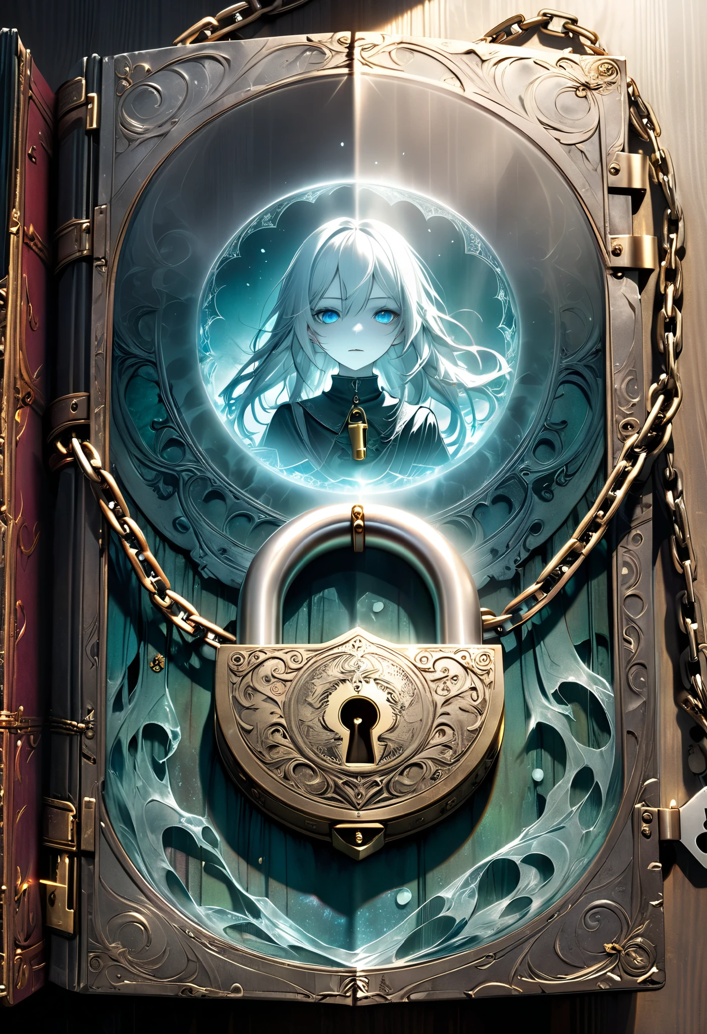 ultra detailed, absolutely resolution, masterpiece, highly detailed, sharp focus, vivid colors, soft lighting, cinematic composition, close-up of a It was an old, forbidden book with a sinister, evil aura carved into its steel cover, and was bound by a sturdy chain, padlock, and sealing magic to make it unreadable, transparent sacred magic circle, fantasy wonderland worldview, various foggy effects, extremely delicate depiction, extremely clear image, 2.5D, artistic photography, hyper realistic