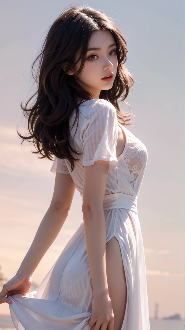 Japanese female, a lot of details, (underweight), detailed black hair, beautiful detailed hair, super fucking beautiful, delicate beautiful face, complex details beautiful and delicate eyes, perfect hands, (flat chest best quality:1.5), perfect and delicate limbs, detailed skin, best quality, ultra-detailed,(cheerful grin:1.3),
sky, (cloud texture:1.5), (floating:1.4), sit in the air, (light red floating dress), in the clouds, full body shot, low angle shot