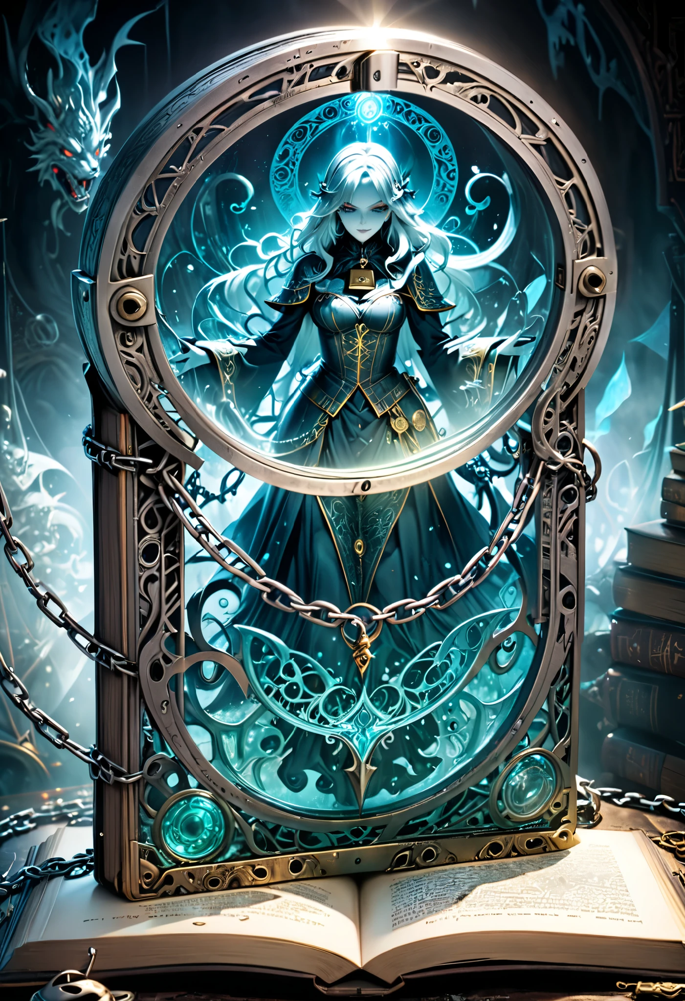 ultra detailed, absolutely resolution, masterpiece, highly detailed, sharp focus, vivid colors, soft lighting, cinematic composition, close-up of a It was an old, forbidden book with a sinister, evil aura carved into its steel cover, and was bound by a sturdy chain, padlock, and sealing magic to make it unreadable, transparent sacred magic circle, fantasy wonderland worldview, various foggy effects, extremely delicate depiction, extremely clear image, 2.5D, artistic photography, hyper realistic
