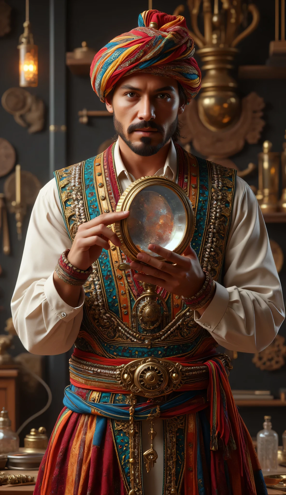 Camera Wide angle, Create a hyperrealistic digital artwork showcasing an ancient Arabic engineer from the Archaic medieval period. The scene should be set in a finely detailed magnifier workshop, with the engineer holding an ancient magnifying frame crystal lenses. Use a wide-angle camera perspective to capture the intricacies of the workshop. Focus on the engineer's handsome young Arabic face, seamlessly blending features reminiscent of Johnny Depp, Hugh Jackman, and Nicolas Cage. He should be dressed in a dynamic and colorful prehistoric Arab outfit, complete with a traditional turban. Ensure a well-balanced composition with ultra-realistic textures and depth, employing techniques like slow shutter speed and best aperture settings to enhance the photograph's quality. This artwork should convey a strong sense of ancient technology and creativity, aiming for a trend-worthy display on art platforms like CGSociety and DeviantArt.