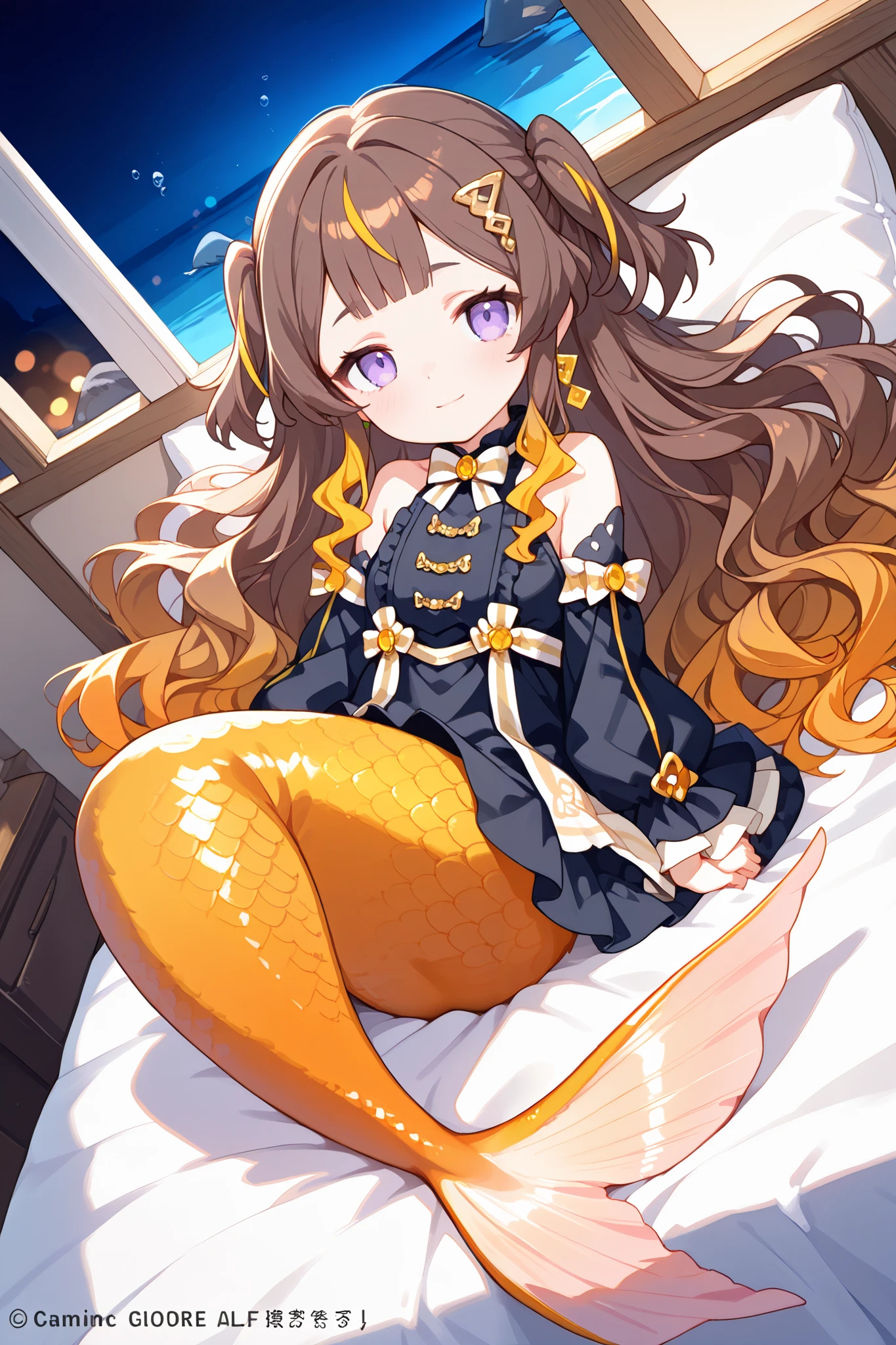 (anyamelfissa, 1girl, solo, long hair, bangs, blonde hair, brown hair, hair ornament, dress, bow, jewelry, very long hair, purple eyes, multicolored hair, detached sleeves, black dress, two side up, streaked hair, gradient hair, wavy hair), ((mermaid, light orange tail)), tiny, happy, cute, medium breasts, underwater, bedroom, fish, submerged, laying, on bed, on back, arms reach, looking at viewer, half closed eyes, light smile, shy, ocean, night, bokeh effects, dynamic pose, dynamic angle, hdr, low contrast, (pastel colors)
masterpiece, best quality, absurdres, masterpiece, highres, perfect anatomy, anime style, anime screenshot, 8k wallpaper, ultra high quality, (extremely detailed cg), perfect lighting, (sharp image), dynamic angle,