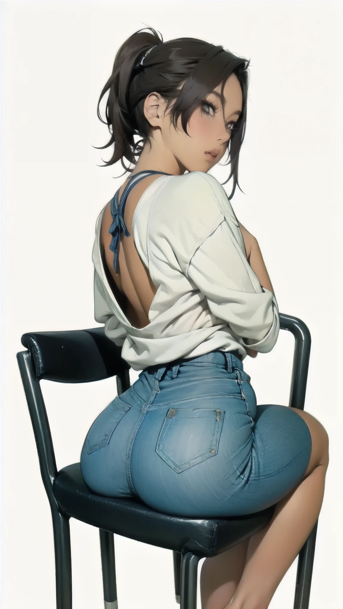 taken from below、here is a woman、いすに腰かけてている girl、simple white background, Girl sitting on a chair, long shot from behind , Bent knees, Shapely butt, long shot from behind, Tight back view , from above prison, leg and thigh shots、tight DIOR clothes, Gold、Twin Tails、 girl、anatomically correct、