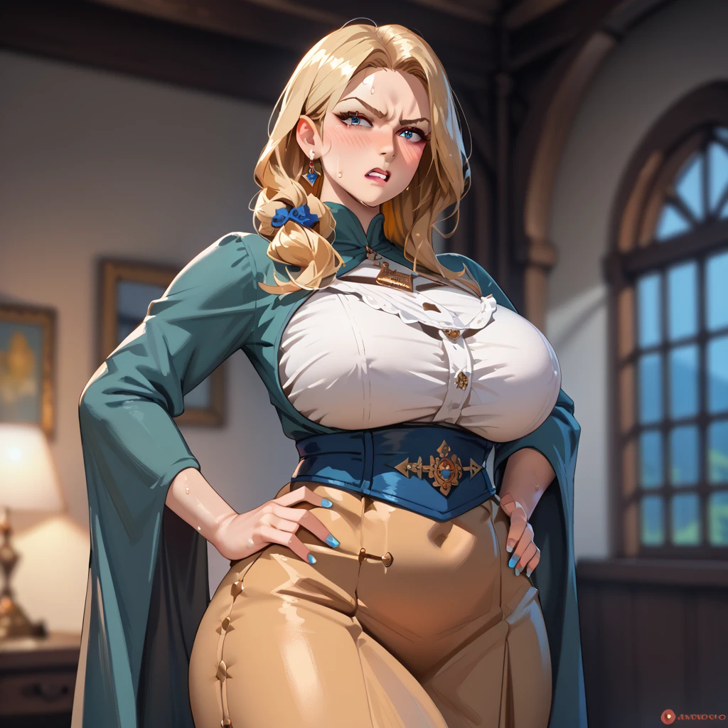 (masterpiece:1.5),(bestquality),highlydetailed,ultra-detailed, mature female, milf, mature, blonde hair, wavy hair with big curls, long hair, ample bosom, blindfolded, alluring, French woman, (huge-tits:1.4), (black color Maid outfit victorian)