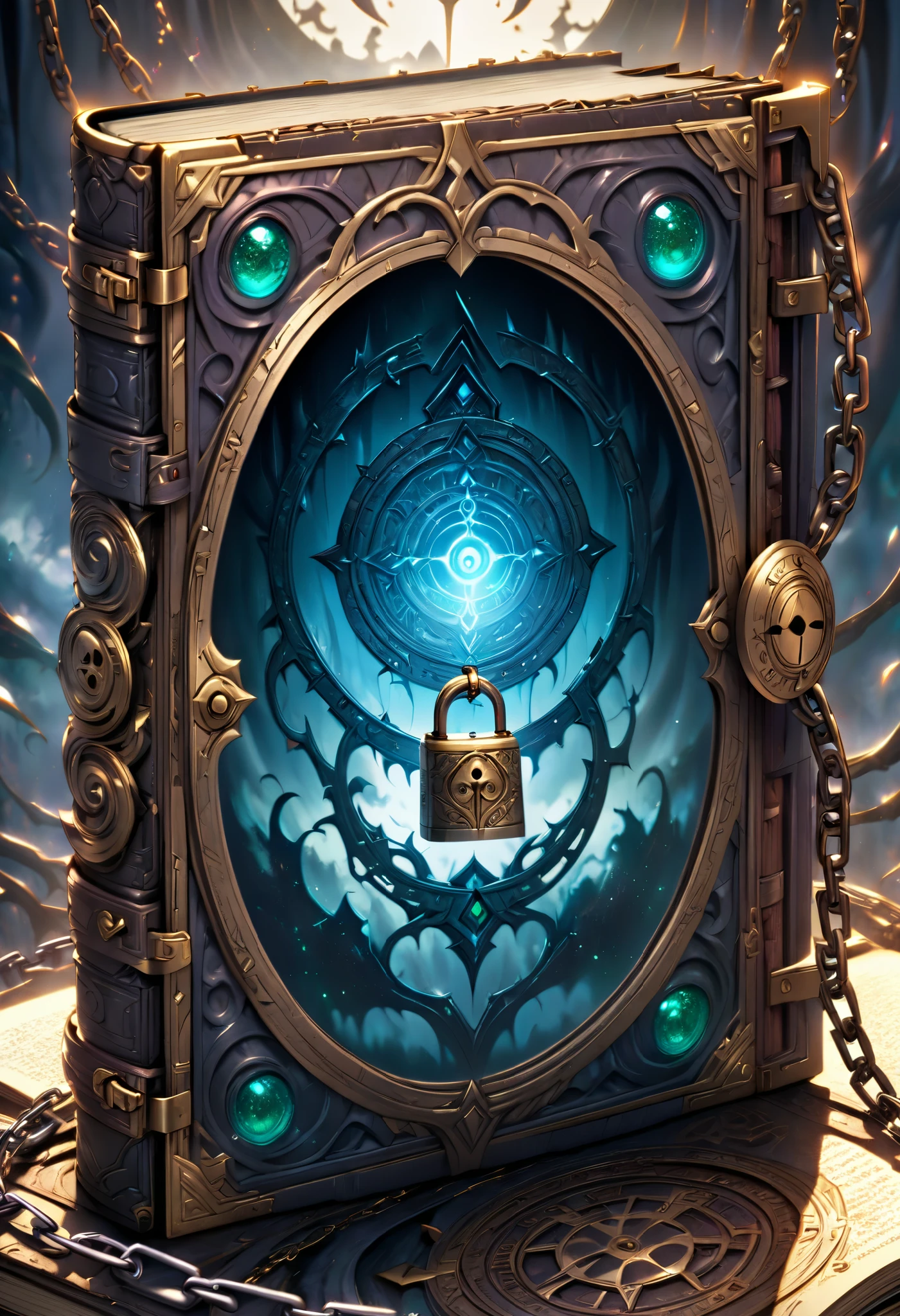 ultra detailed, absolutely resolution, masterpiece, highly detailed, sharp focus, vivid colors, soft lighting, cinematic composition, close-up of a It was an old, forbidden book with a sinister, evil aura carved into its steel cover, and was bound by a sturdy chain, padlock, and sealing magic to make it unreadable, transparent sacred magic circle, fantasy wonderland worldview, various foggy effects, extremely delicate depiction, extremely clear image, 2.5D, artistic photography, hyper realistic