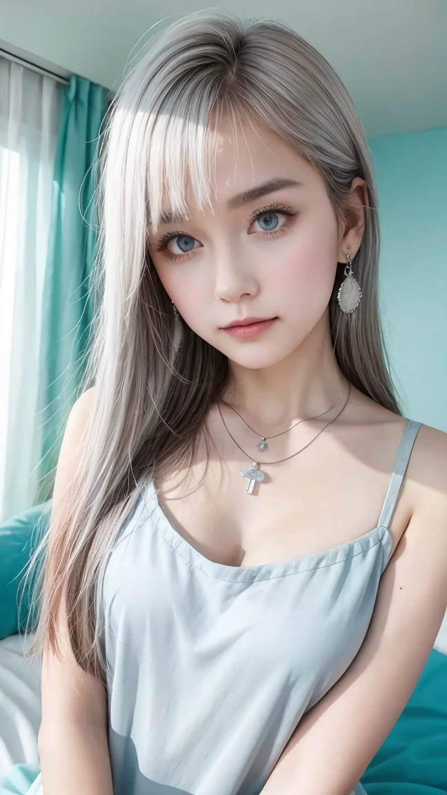 1girl, solo, long hair, looking at viewer, smile, blue eyes, hair ornament, white background, jewelry, white hair, closed mouth, blunt bangs, nail polish, bracelet, lips, grey eyes, portrait, red nails, close-up, red lips, hands on own face, hands on own cheeks,(mature female),(shiny skin),((steaming body))