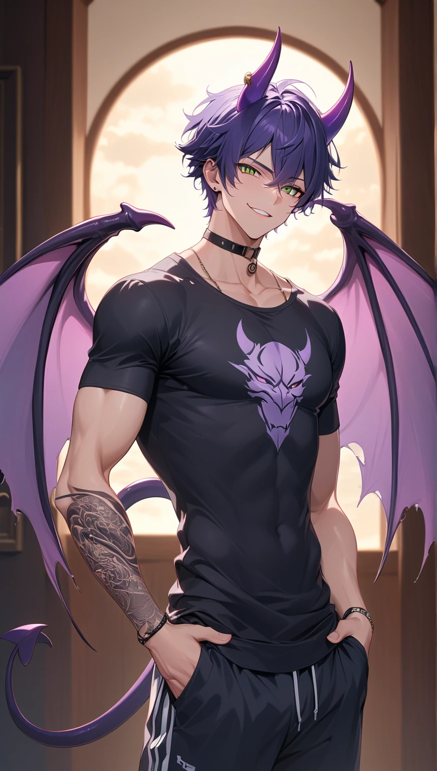 demon man with left half black and right half white hair, blue eyes, horns on his head, bat wings on his back, green scales, and pale purple skin