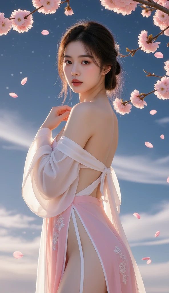 girl, Gentle natural light, Long fluffy dress, The skirt flutters, smiling expression, Paths in the garden, Velvety green leaves, Flowers are blooming, Fresh air, sunny clear sky, Delicate skin, Embroidery details, delicate finger, Charming gesture, Red lip color, Hair blown by the natural wind, Colorful makeup, Perfect background tone。