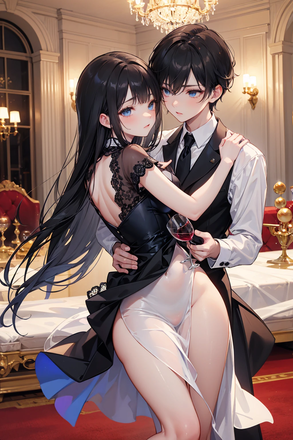 anime artwork, score_9, score_8_up, score_7_up, score_6_up, score_5_up, score_4_up, hu tao, she is 24 years old, style_3, sitting,,,,,,,He's taller than her,,, , 1boy, zhongli, breast grab, they are kissing, indoors, floox style,