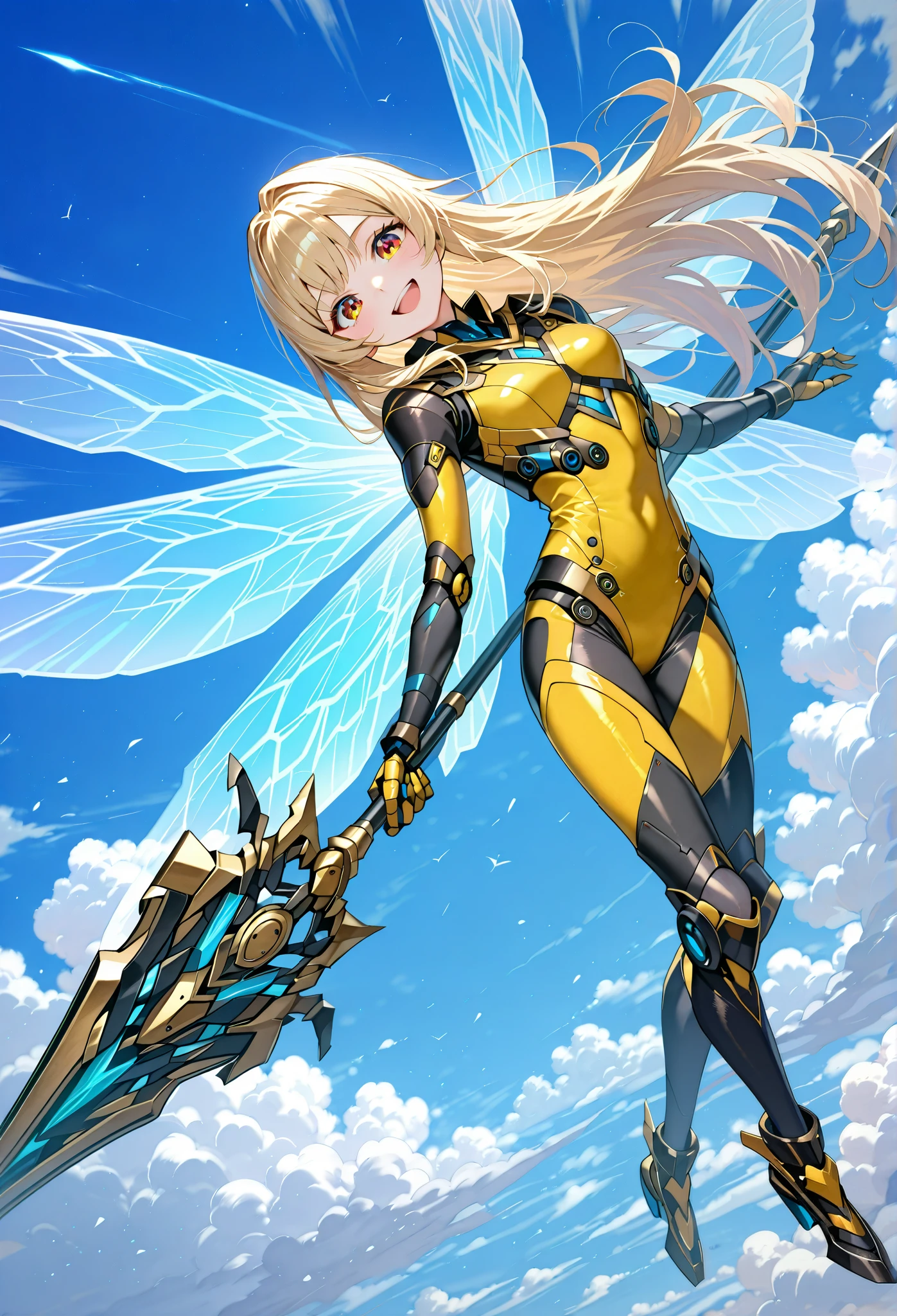 view from above,Beautiful girl cosplaying as a bee,(li:0.3),blonde long hair,laughing,thin,holding a large, weaponized, honey-colored, spear or wing-like structure. The woman's attire consists of a form-fitting, bright yellow bodysuit with black accents, resembling a stylized insect-like costume. long socks. Exposed thighs,frilled body suit,military style,The background features a light-blue sky dotted with fluffy white clouds,looking at viewer,(attack viewer:1.3) with weapons.Transparent insect wings,Battlefield visible in the distance