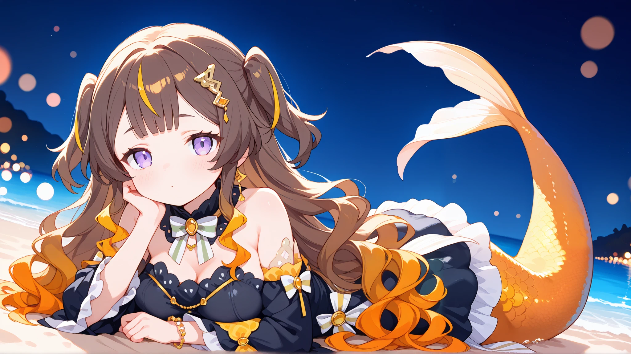 (anyamelfissa, 1girl, solo, long hair, bangs, blonde hair, brown hair, hair ornament, dress, bow, jewelry, very long hair, purple eyes, multicolored hair, detached sleeves, black dress, two side up, streaked hair, gradient hair, wavy hair), ((mermaid, light orange tail)), tiny, happy, cute, medium breasts, beach, laying, on stomach, breast press, arms rest, looking at viewer, half closed eyes, kiss, shy, ocean, night, bokeh effects, dynamic pose, dynamic angle, hdr, low contrast, (pastel colors)
masterpiece, best quality, absurdres, masterpiece, highres, perfect anatomy, anime style, anime screenshot, 8k wallpaper, ultra high quality, (extremely detailed cg), perfect lighting, (sharp image), dynamic angle,