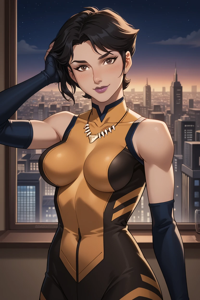 One girl, Mature Adult, Dark brown hair, Yellow leotard,gloves, Hands on hips, casino, bracelet, Green Eyes, alone, single, Bob Hair