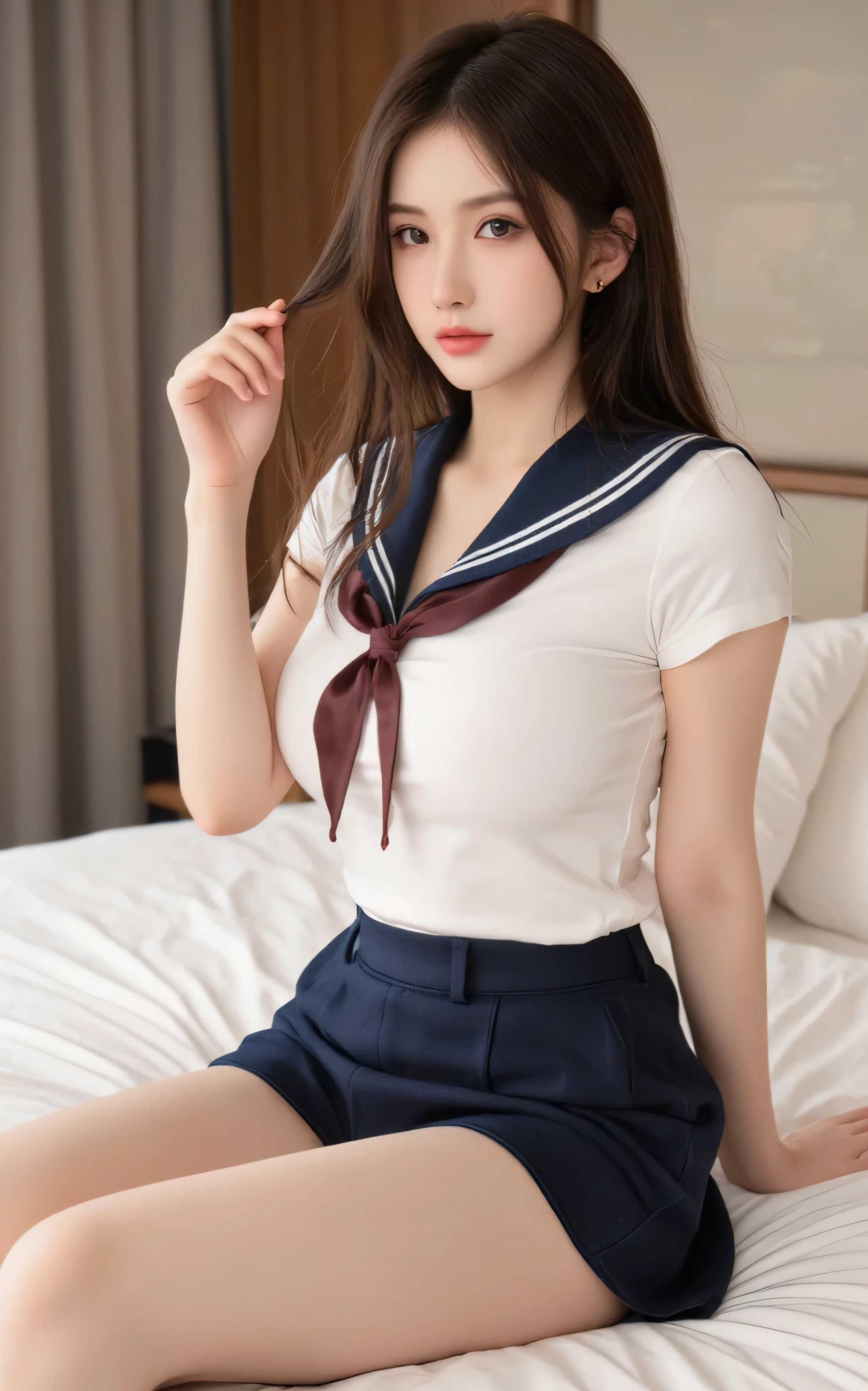 ((highest quality, 8K, masterpece :1.4,アニメ)), highest real,Sharpness:1.3, Perfect Body Beauty:1.4,super detailed face and skin texture,((Super Real,best quality)),(soft lighting),super detailed face, fine eyes, double eyelid,(ass pov),(((only 1 girl))),(Glowing skin),((Look at your chest)),((Composition from the above:1.2)),fine detail,highly detailed face and eyes, (cute face:1.6), ((NSFW:1.6)), my sister,18years old,(huge breasts :1.8,beautiful areola,small areola)---//background//---(Inside the room, on the bed, bright room, large windows, sunlight shines in,Marble floor)---//Hairstyle//---(Beautiful brown hair:1.2,long hair,CUTE HAIR STYLE)----//expression//---(SMILE FACE:1.4),(close eye:1.5)--//Pause//---((lie on your back on the bed:1.4)),((legs over head:1.5)),((spread legs:1.5,both legs up:1.5)),(penis in pussy),((cum in pussy:1.4)),(close up pussy:1.4)),(Obscene pose（Bending and opening knees and feet), Right hand up and showing the armpit)---//clothing//---(school uniform,sailor suit,RED RIBBON TIE,she is wearing an white shirt,RED SKIRT,Red and white check pattern)