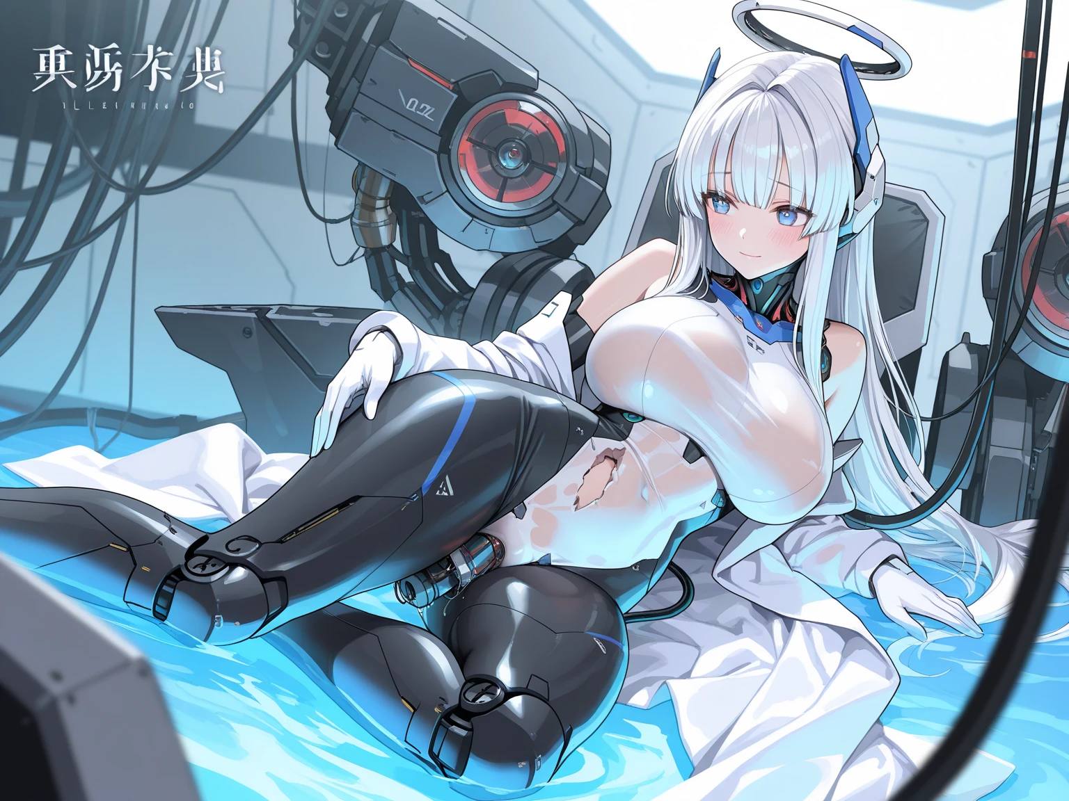 (best quality, master piece)、White transparent pantyhose ,topless、、semen、NSFW, arms tied up、ahegao、Robot cockpit、Big machine、wiring、unity with opportunity