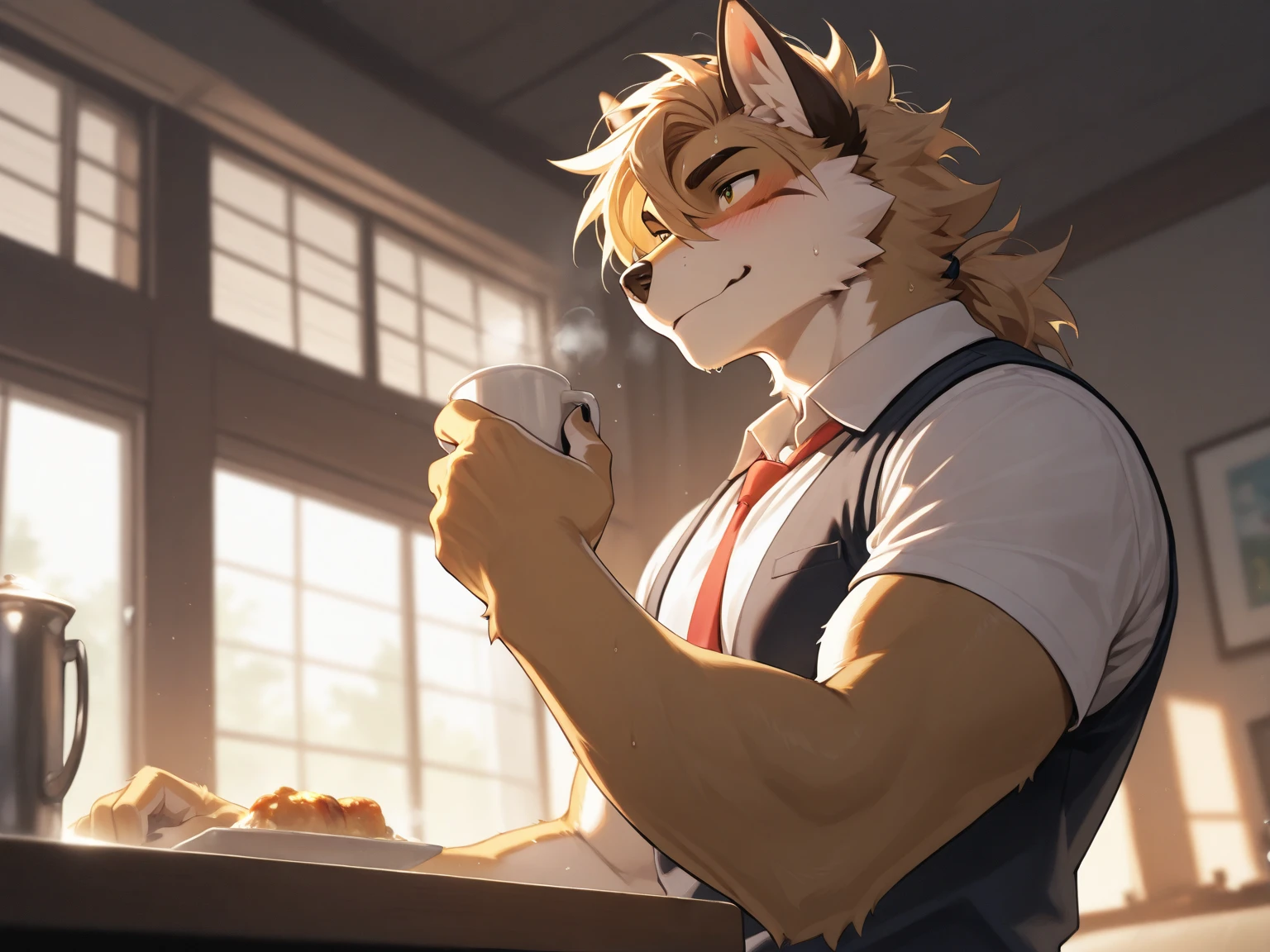 By fumiko, by hyattlen, by hioshiru, Kimiko, tan fox, fox ears, yellow eyes, cute snout, black nose, blonde hair, blonde fox tail, wearing white button up shirt, black skirt, combat boots,    BREAK     holding a large cup of coffee with Both hands, eyes wide open, mouth wide open, extremely happy, small pupils, indoors, playful stance