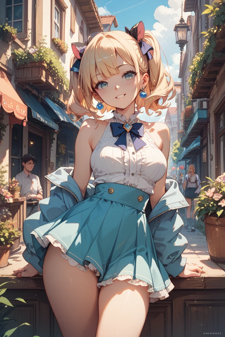 (masterpiece), (best quality), smile brightly, 1 woman, 25 years old, bewitching, show off underwear, frilled underwear:1.2, blue color underwear, layered skirt, swell one's loins++, fullback underwear , large breast , cute outfit:1.2, (leg up, grab knee, standing split) , skirt, cinematic,Realistic Flesh,The bite is clear,Fashionableパンティー,Fashionable👔,Fashionable髪型,Curly hair,