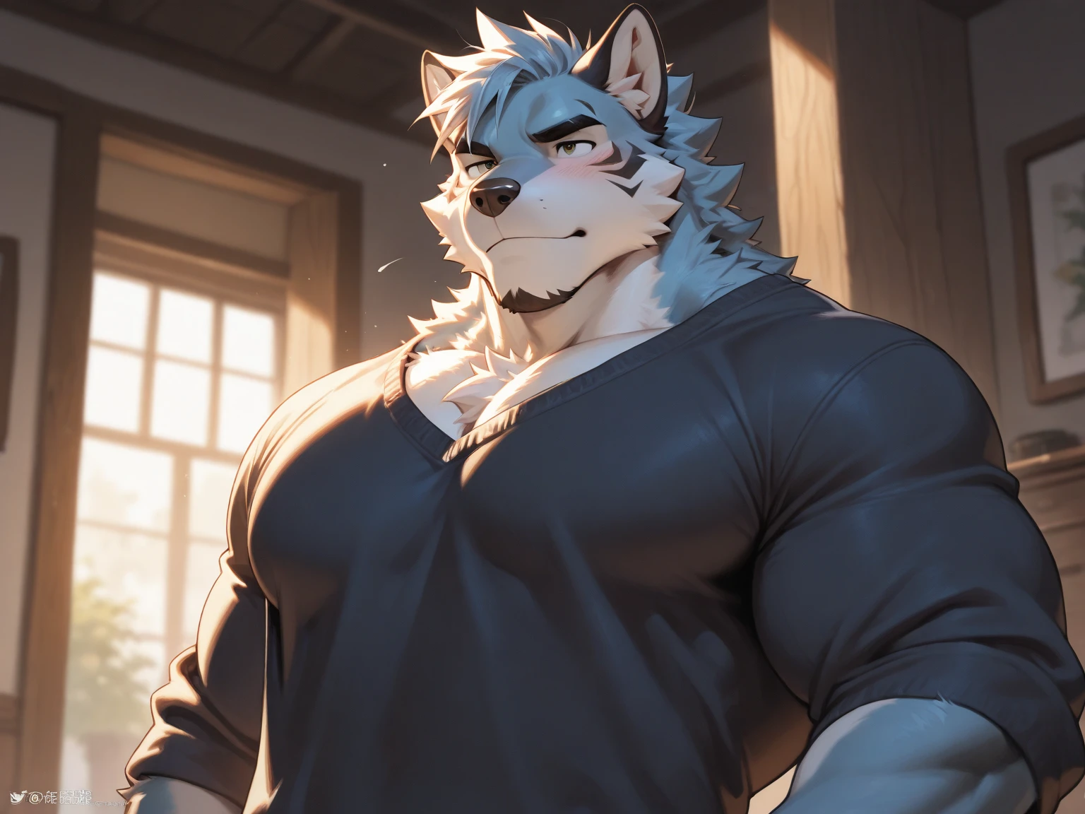 2d, masterpiece, best quality, 4k, 8k, ultra highres, raw photo in hdr, sharp focus, photo realism, real life like, detailed background, samoyedo dog anthro, samoyedo dog (((white body, white fur, no black fur, no fur pattern, plain fur, plain white fur, white fur, long white hair, hairstyle bun))), muscular male, tall, big nipples, black nipples, fluffly, cute, adorable, lovely, smile, dilf, daddy, fangs, detailed big nipples, wide waist, broad shoulders, big shoulders, strong thighs, white teet, tank top, ripped jeans, tight clothing, bulge, fur wet, detailed background, hi res, perfect brown eyes, (by darkgem, by takemoto arashi, by anhes), Negative prompt: boring_e621_fluffyrock_v4, bad-hands-5, deformityv6