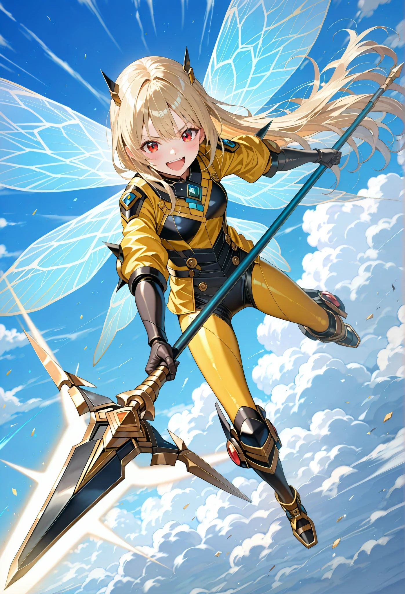 (dynamic action:1.3),view from above,Beautiful girl cosplaying as a bee,(li:0.3),blonde long hair,laughing,thin,holding a large, weaponized, honey-colored, spear or wing-like structure. The woman's attire consists of a form-fitting, bright yellow bodysuit with black accents, resembling a stylized insect-like costume. long socks. Exposed thighs,frilled body suit,military style,The background features a light-blue sky dotted with fluffy white clouds,looking at viewer,(attack viewer:1.3) with weapons.Transparent insect wings,Battlefield visible in the distance