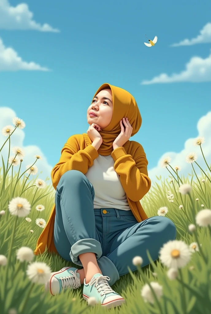 a chubby woman wearing a hijab and blouse and long skirt, wearing sneakers, sitting relaxed in the grassland the dry, barren sky and clouds are visible