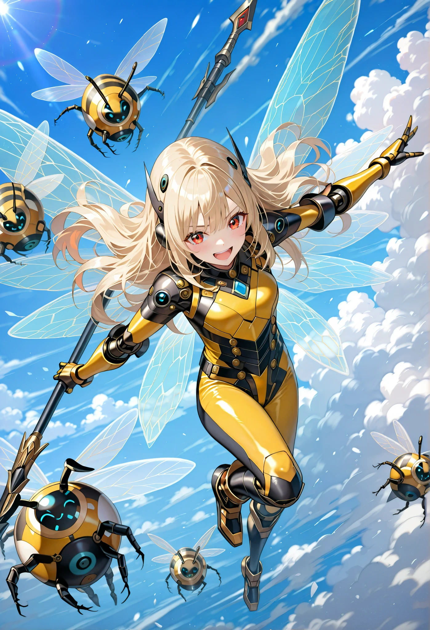 (dynamic action:1.3),view from above,Beautiful girl cosplaying as a bee,(loli:0.3),blonde long hair,laughing,thin,holding a large, weaponized, honey-colored, spear or wing-like structure. The woman's attire consists of a form-fitting, bright yellow bodysuit with black accents, resembling a stylized insect-like costume. long socks. Exposed thighs,frilled body suit,military style,The background features a light-blue sky dotted with fluffy white clouds,looking at viewer,(attack viewer:1.3) with weapons.Transparent insect wings,Battlefield visible in the distance
