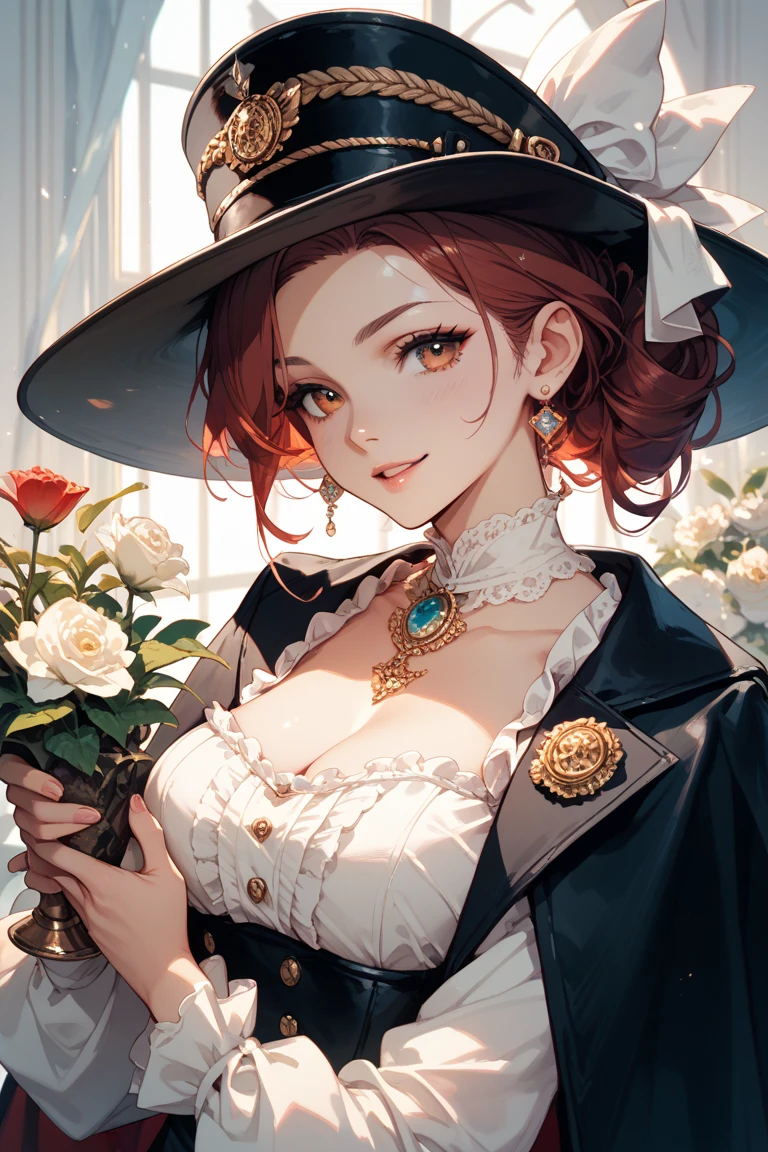 beautiful lady, Alphonse Mucha's style、Top hat、tailcoat, Jacket, tiese, monocle, light reflections, Oil painting, voluminetric lighting,sexy big breasts exposed,Bigchest