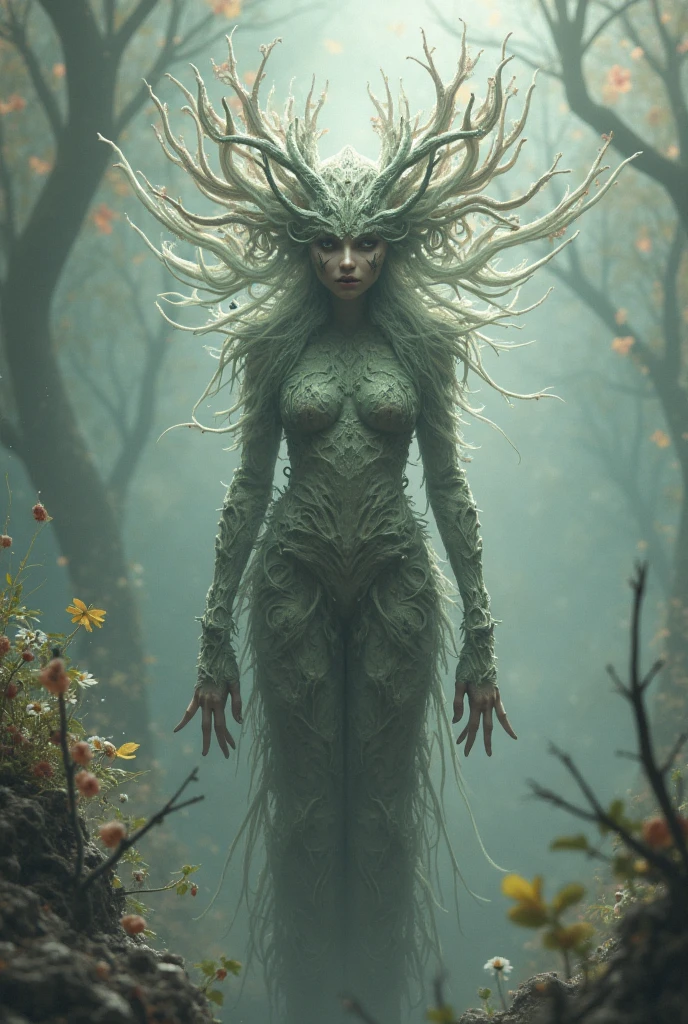 fantasmagorical ethereal odcha near a small river, green and white leaves, in a dense forest, photography, 35mm, ultra-detailed, fine details, scary