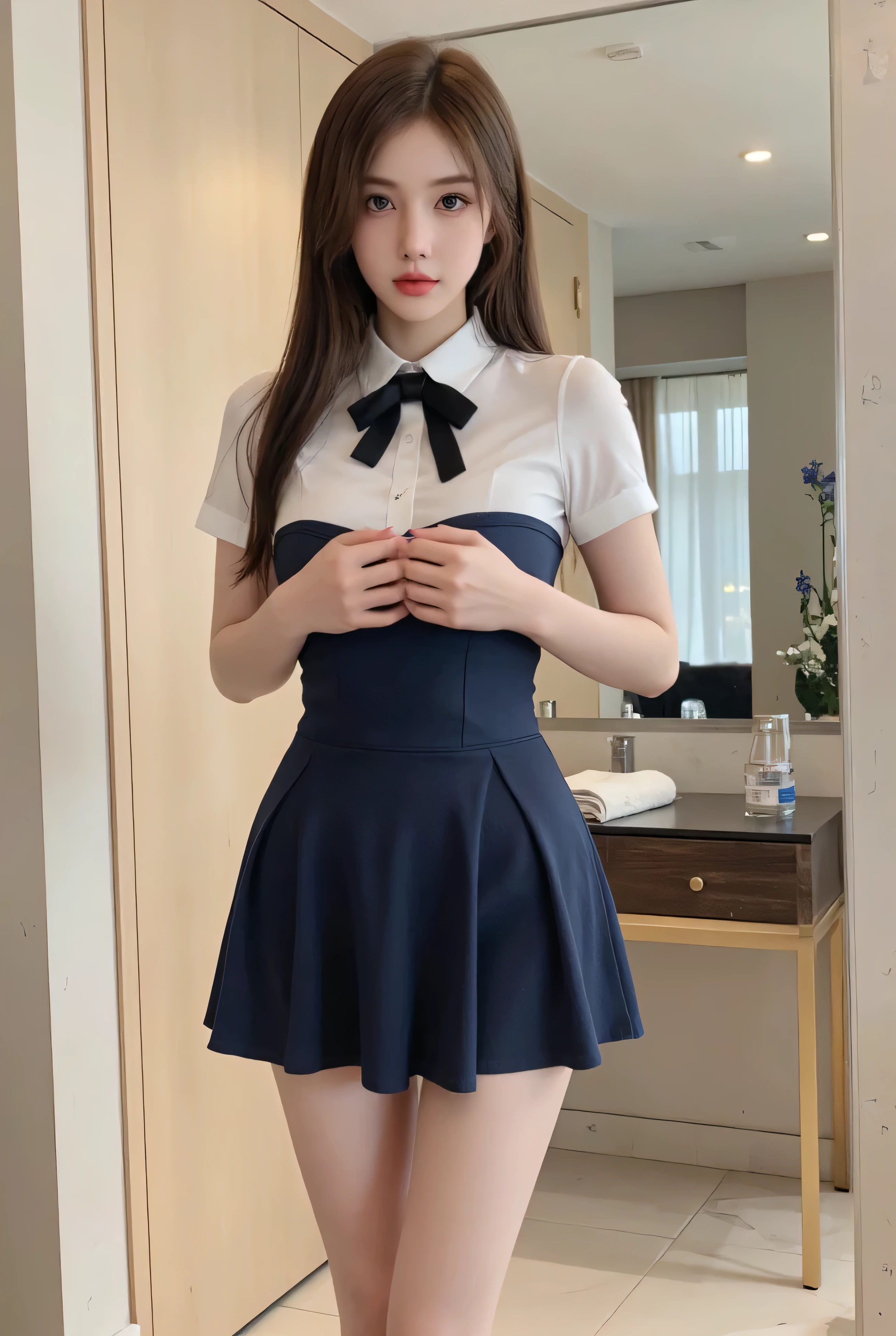 (8K, Photorealistic, Raw photo, of the highest quality: 1.3), (1girl in), Super beautiful, (Realistic face), (boyish, Silver Color Berry Shorthair), Beautiful , Glare that captivates the viewer, Beautiful expression, Beautiful breasts, (Realistic skin), Be...Super high quality, super high definition, super detailed, masterpiece, “The thought of Aoyama, a 17-year-old high school girl with light brown long hair tied up high with a barrette. She wears a navy blue sailor and a navy blue skirt uniform with a red ribbon, white loose socks, loafers, has big eyes, and is a beautiful girl.”standing, whole body, composition that shows the whole body, smiling
