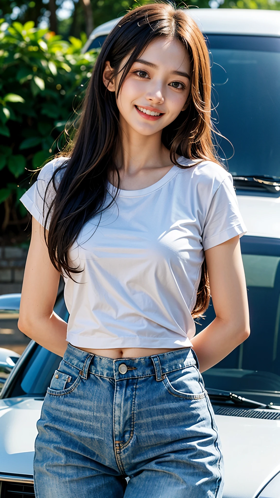 (A hyper-realistic), (Ultra High Resolution), (8K), (Very detailed), (Best Quality), (ultra-detailliert), (masutepiece), (Wallpaper),Photo, Realistic, (Photorealistic: 1.0), Raw photo, Deep masterpiece, 
Live Action - (Realistic lighting, of the highest quality, 8K, masutepiece: 1.3)), Clear focus: 1.2, (plein air, Night: 1.1), Sharp Focus, Cinematic lighting,
Canon EOS R5, 50 millimeters,

Whitened skin, Fine eyes,Smiling,  Ultra Fine Makeup,Detailed brown hair, Long hair, deepshadow, lowkey, thin waist, Seductive Woman, 

small tits, Detailed skin texture, thighs are exaggerated, petite figure, flat chest, (skinny and fit body:1.3), Thigh gap, 

realistic glistening skin,white short sleeves T-shirt, 

jeans,Bust, Hands on the head, 

absurderes, No nipples,

Solo, Woman, 1 girl, (20 y.o), 

White background,